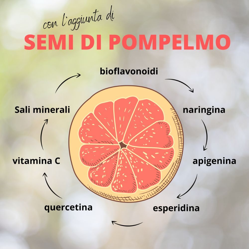 Rappresentazione grafica di metà pompelmo con frecce e testi che elencano ingredienti come vitamina C e quercetina.