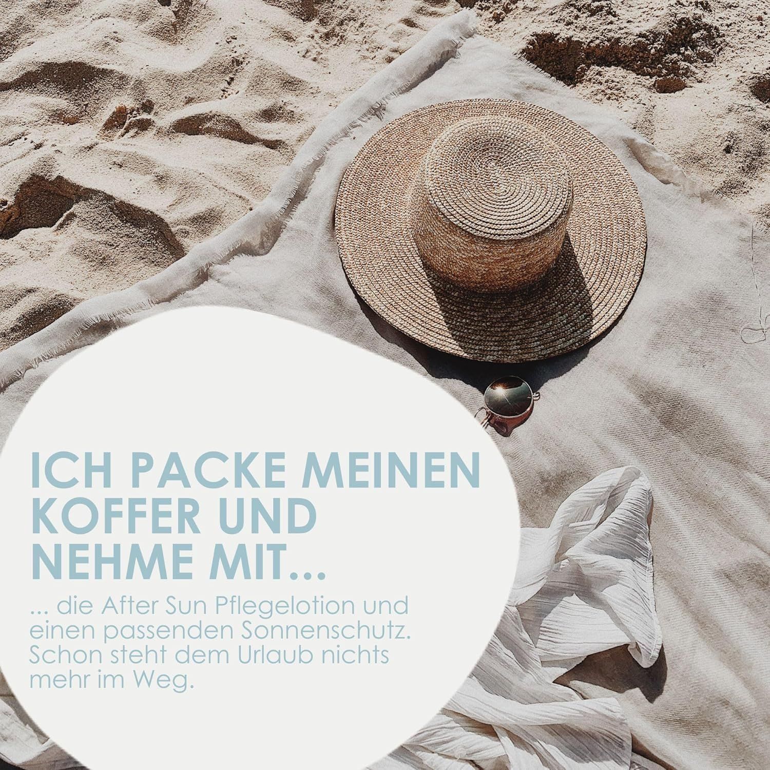 Strand mit Hut und Handtuch. Text: Ich packe meinen Koffer und nehme mit... After Sun Pflege Lotion.