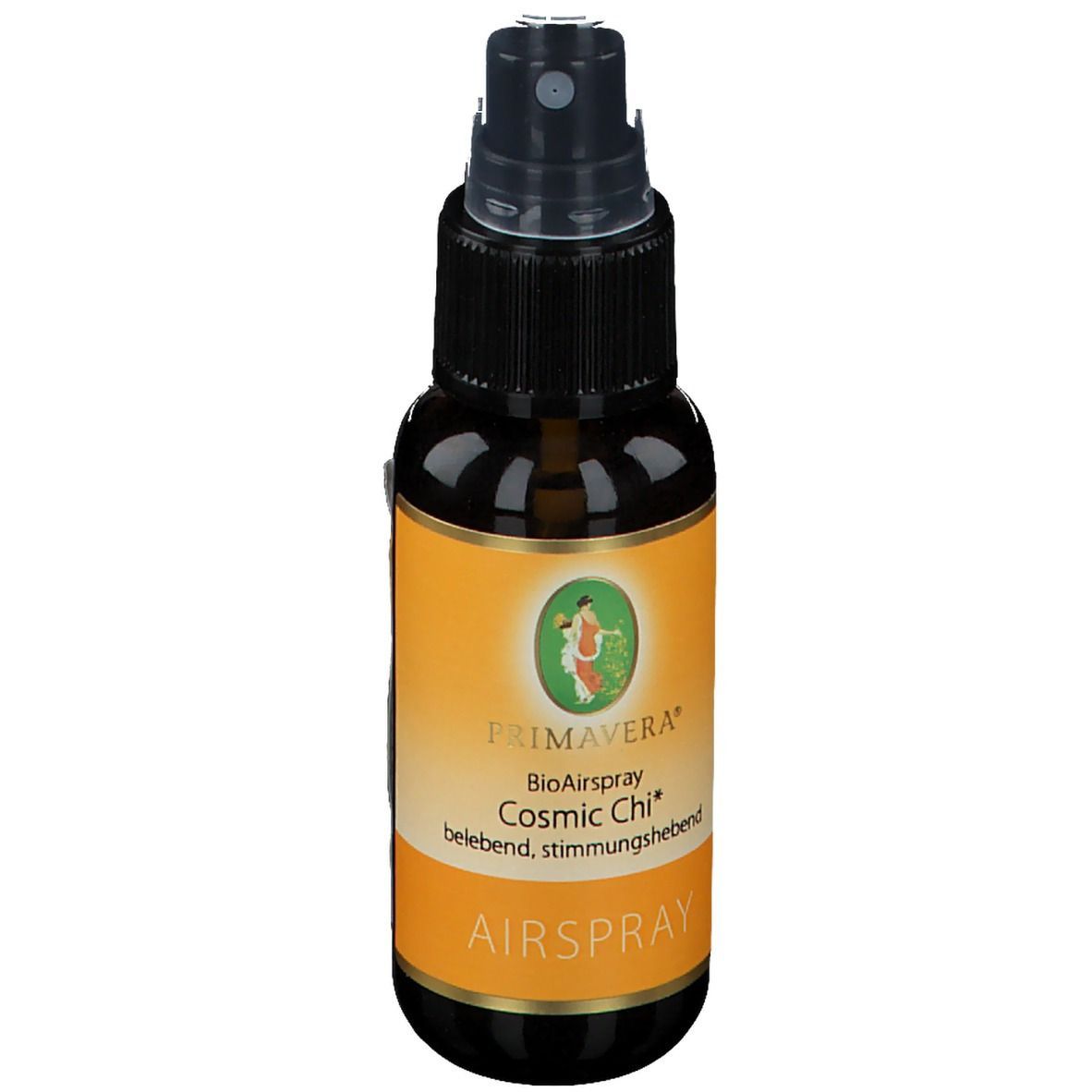 Braune Glasflasche mit Sprühkopf. Etikett mit PRIMAVERA, BioAirspray Cosmic Chi. Goldener Rand.