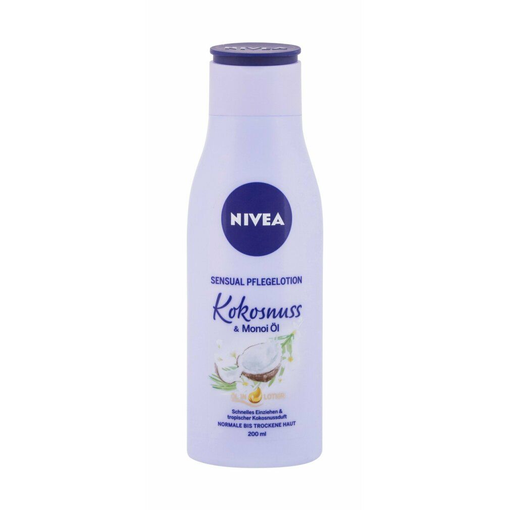 Weiß-blaue Flasche mit blauem Deckel. Aufschrift "NIVEA", "Kokosnuss & Monoi Öl". Sensual Pflegelotion. Für normale bis trockene Haut.