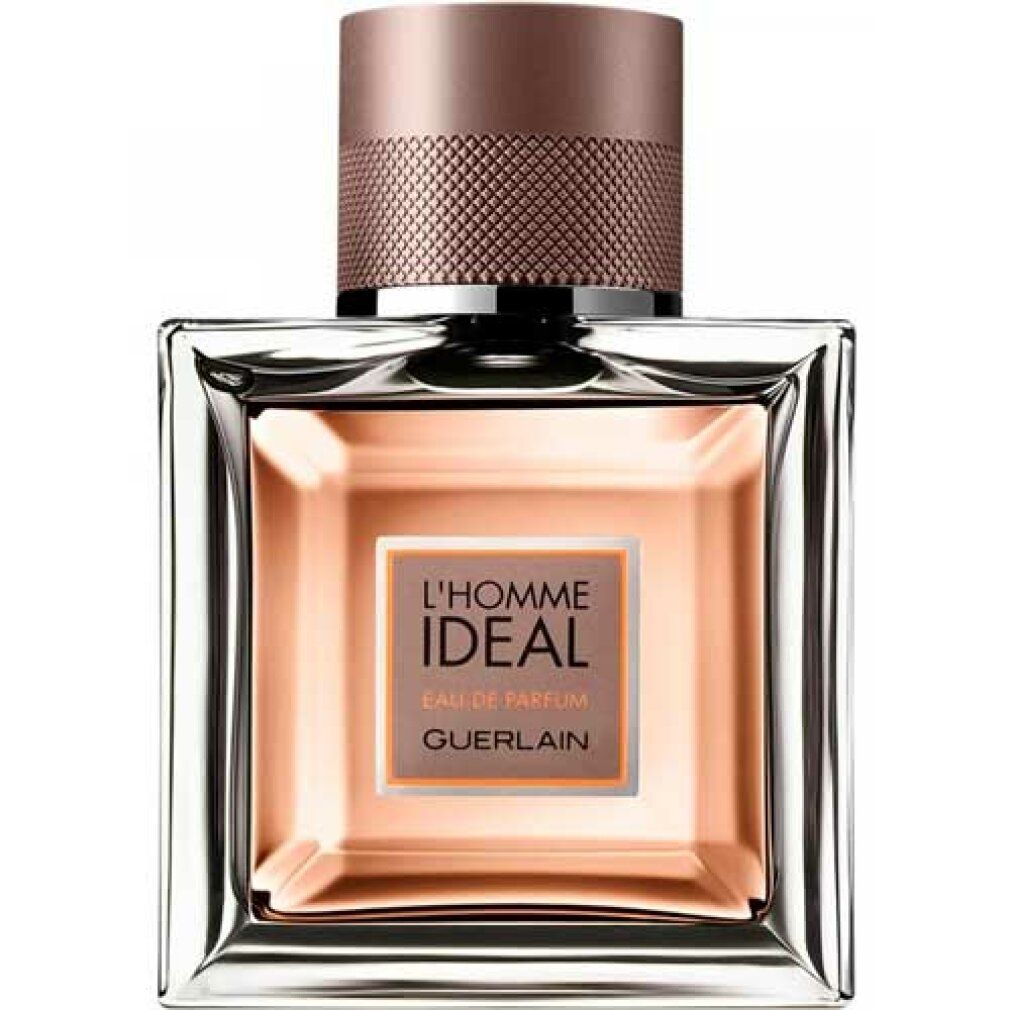 Guerlain L'Homme Ideal Eau de Parfum. Quadratischer Flakon mit braunem Deckel. Text: L'Homme Ideal, Guerlain.