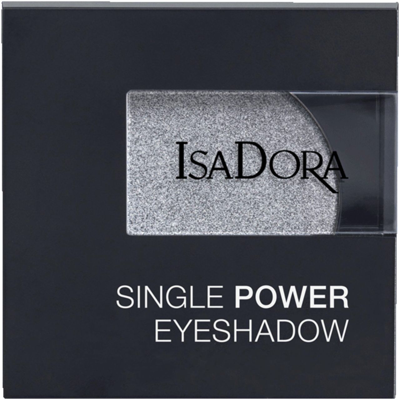 IsaDora Single Power Lidschatten. Schwarze quadratische Verpackung mit silbernem Lidschatten. Markennamen und Produktbezeichnung auf dem Deckel.