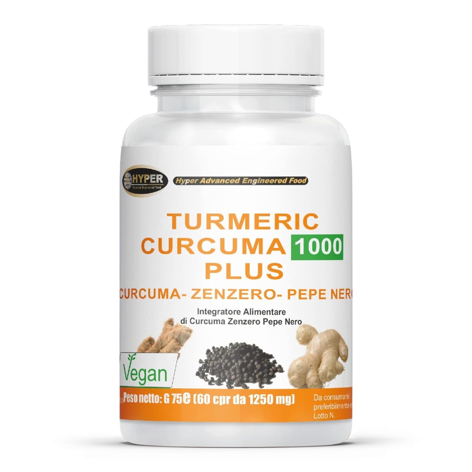 HYPER Turmeric Curcuma Plus 60 cpr Integratore Alimentare Curcuma Pepe Nero Zenzero Alto Dosaggio