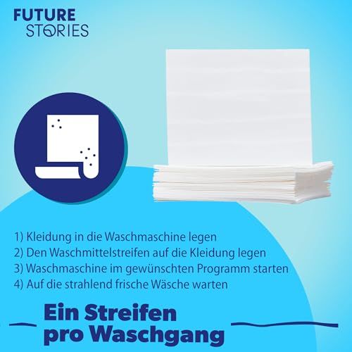 Anleitung: Wäsche in die Maschine, Streifen drauf, Programm starten. Text: Ein Streifen pro Waschgang. Hintergrund: blau.