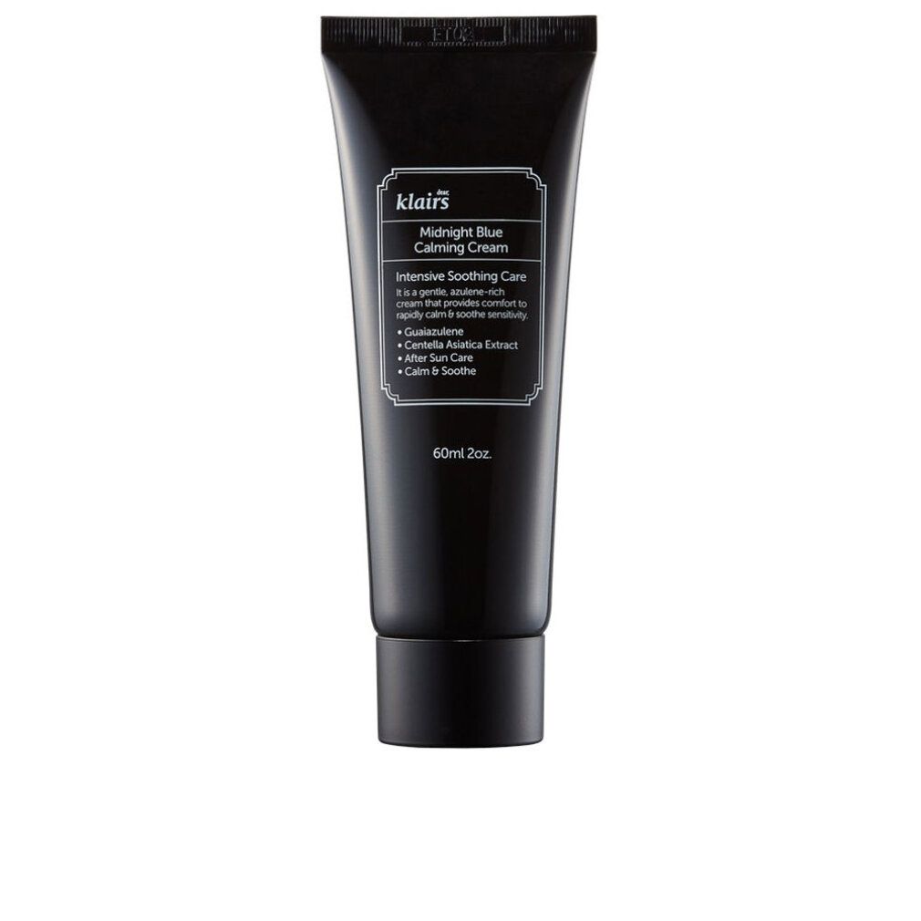 Dunkelblaue Tube mit weißem Etikett. Text: klairs, Midnight Blue Calming Cream. 60ml 2oz. Enthält Guaiazulen, Centella Asiatica.