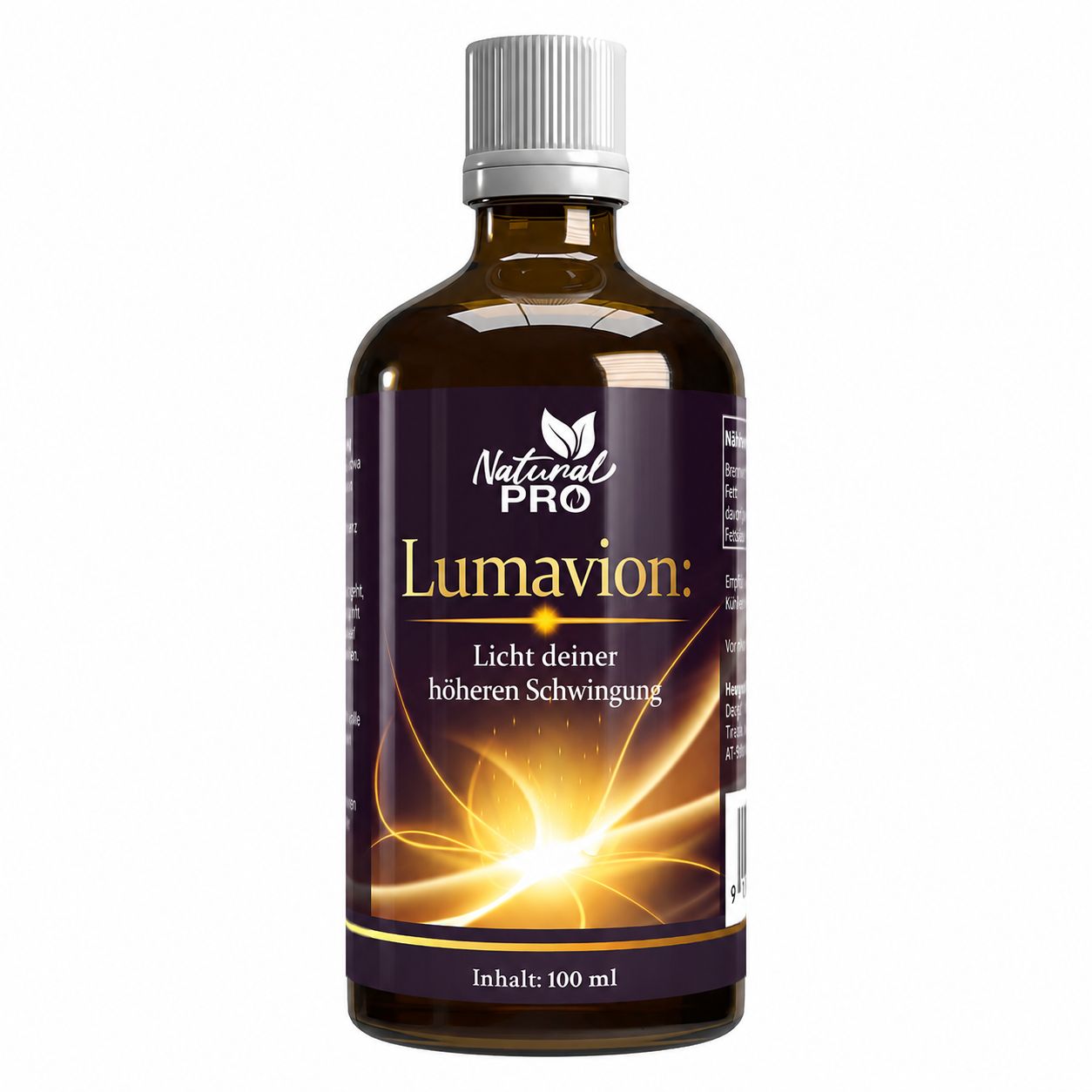 Dunkelbraune Glasflasche mit Lumavion Essenz, isoliert auf weißem Hintergrund. Das Etikett zeigt goldene Lichtstrahlen.