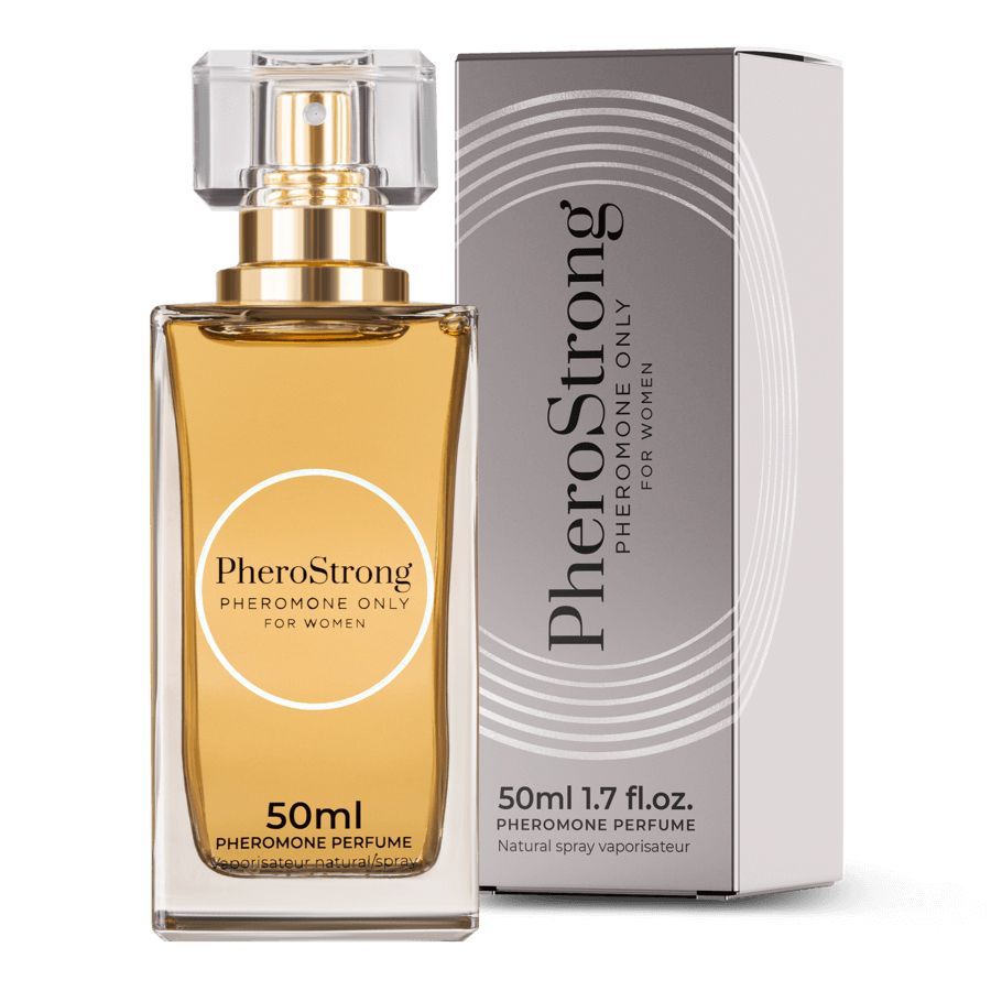 PheroStrong Pheromon Parfüm für Frauen, 50ml Flakon mit Sprühkopf und Umverpackung.