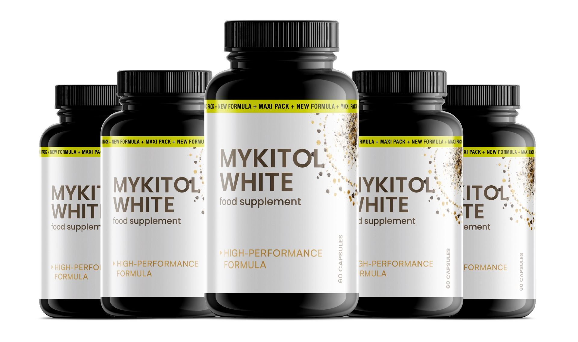 Fünf Flaschen Mykitol White Nahrungsergänzungsmittel mit 60 Kapseln.
