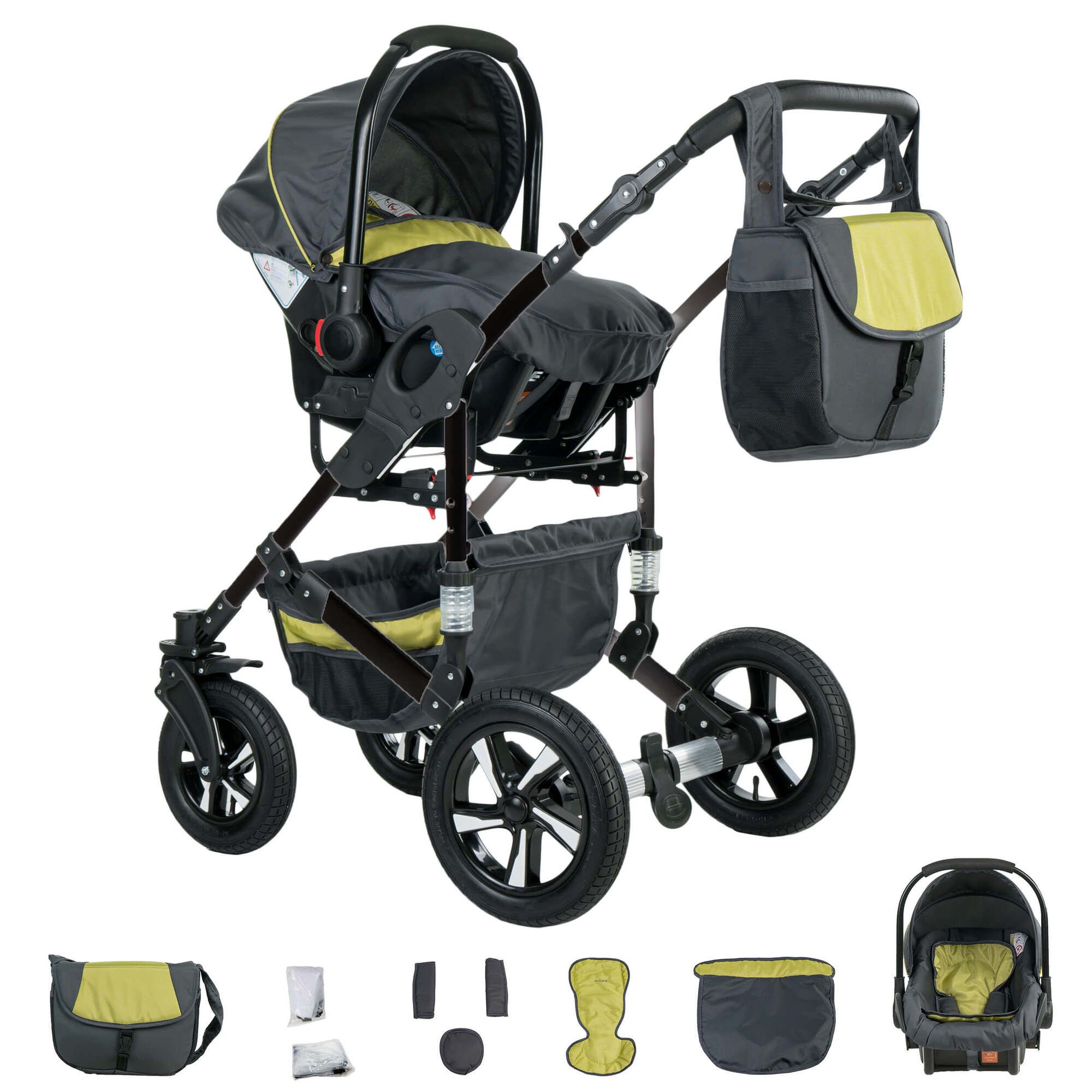 Kinderwagen-Komplettset, grau-grün. Mit Babyschale, Sportsitz, Zubehör. Schwarzes Gestell, Hartgummireifen. Inkl. Tasche, Adapter.