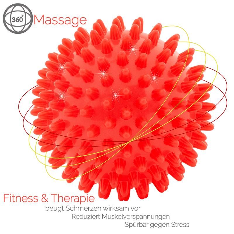 Roter Massageball mit Noppen, umgeben von grafischen Elementen. Text: Fitness & Therapie.