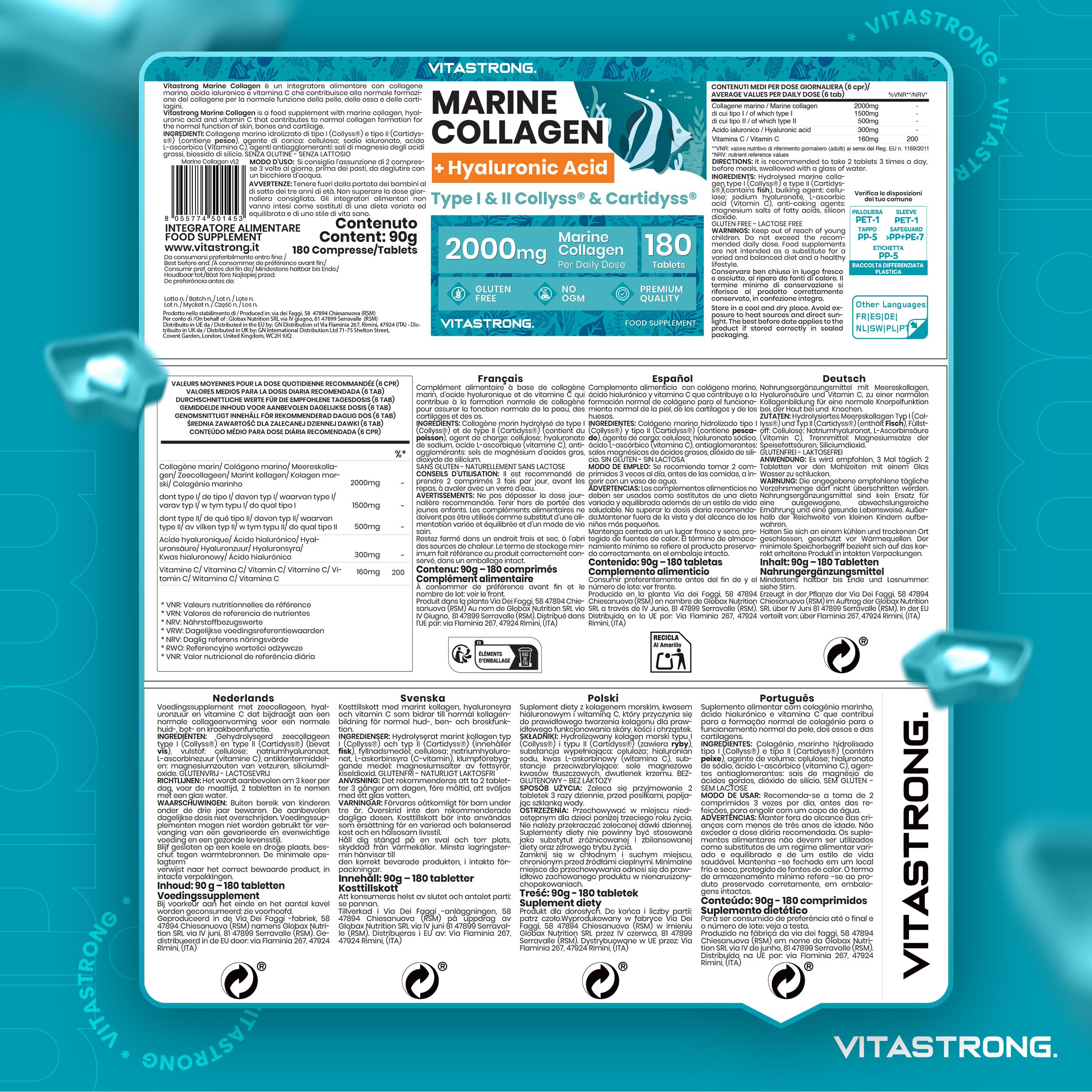 Verpackung mit Produktinformationen. Text in verschiedenen Sprachen. Enthält: Marine Collagen, Hyaluronsäure, 180 Tabletten.