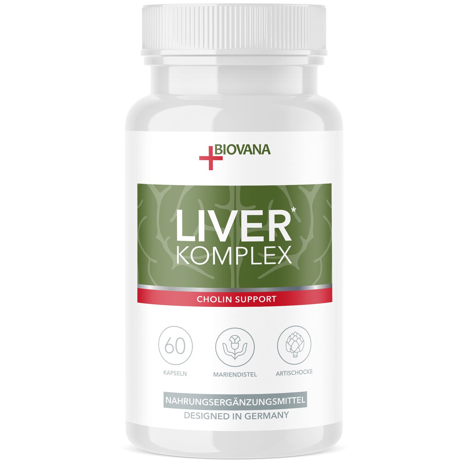 Weißes Pillenbehälter mit grünem Etikett. Aufschrift: LIVER KOMPLEX, 60 Kapseln, Cholin Support. Marke: Biovana.