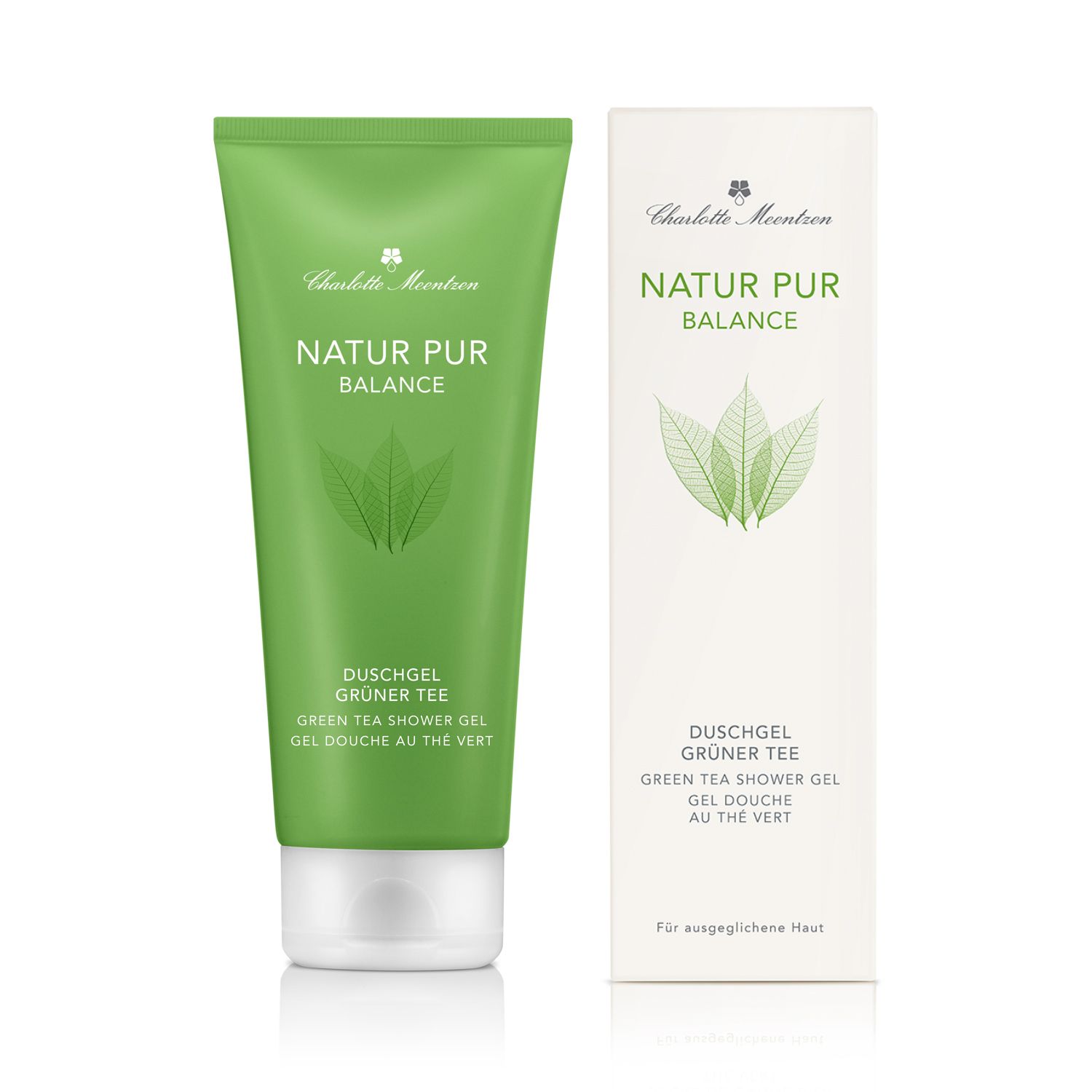 Grüne Tube und weiße Verpackung. Text: Natur Pur Balance, Duschgel Grüner Tee, Green Tea Shower Gel, Gel Douche au thé vert. Logo.