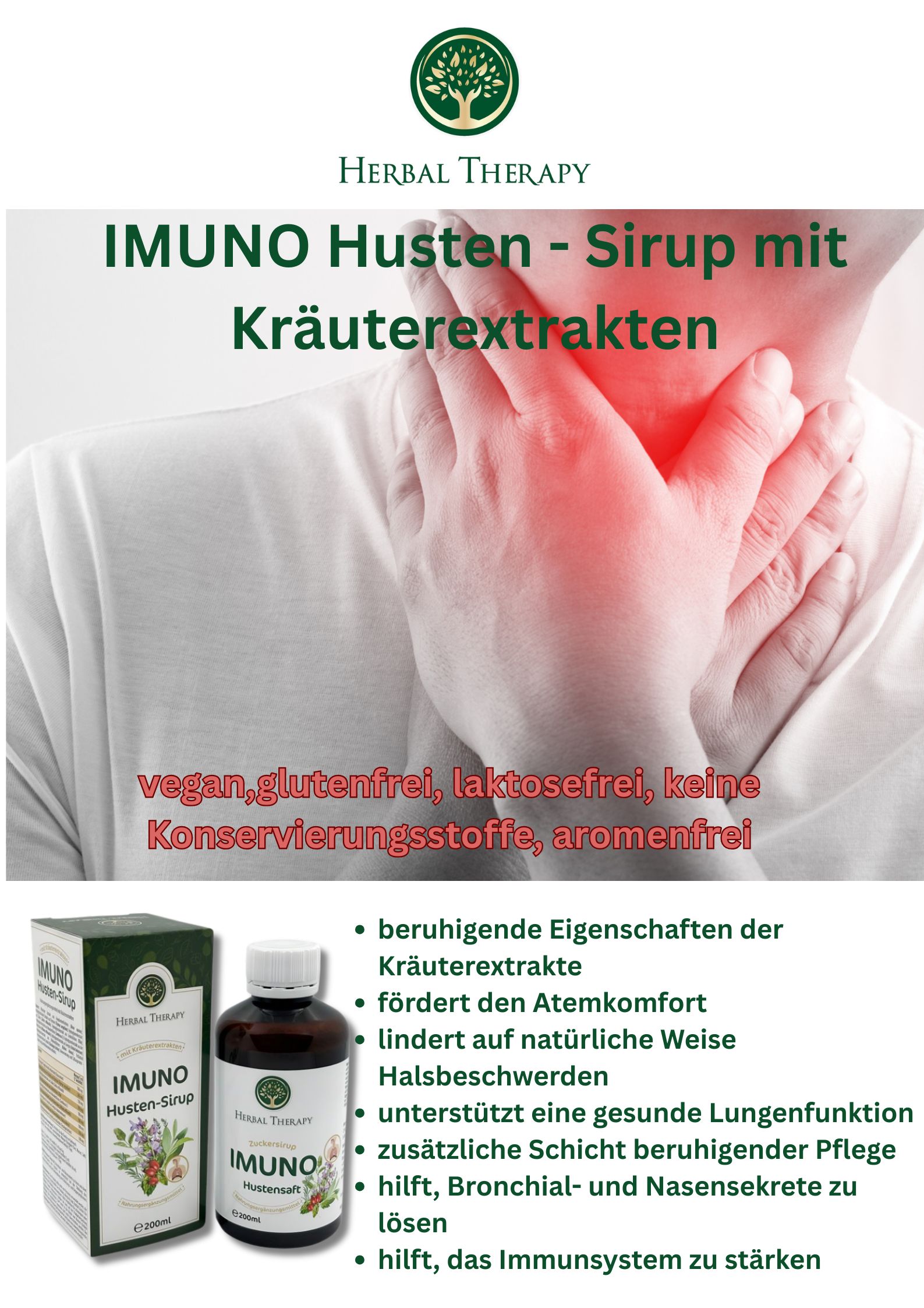 Werbebild mit Hustensirup-Flasche und Schachtel. Aufschrift: IMUNO Husten-Sirup. Text: vegan, glutenfrei, laktosefrei, ohne Konservierungsstoffe, aromafrei.