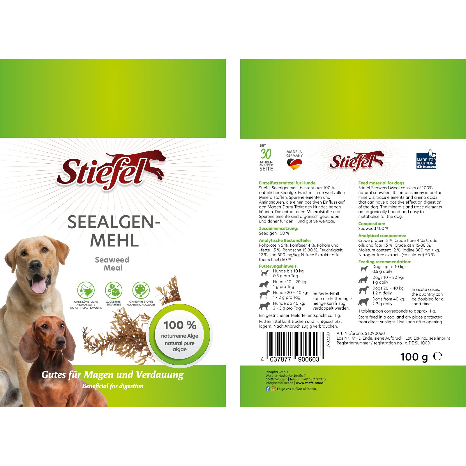 Verpackung von Stiefel Seealgenmehl. Grün-weißes Design mit Produktbildern und Text. 100g Packung.