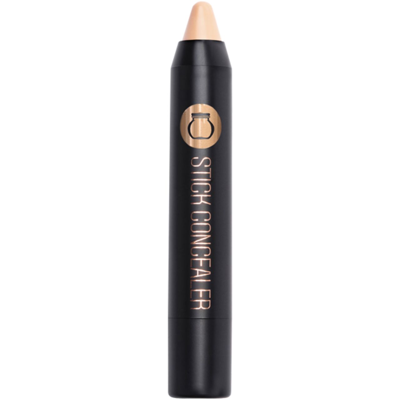 Nilens Jord Stick Concealer. Schwarzer Stift mit beigefarbener Spitze. Goldfarbenes Logo und Schriftzug.