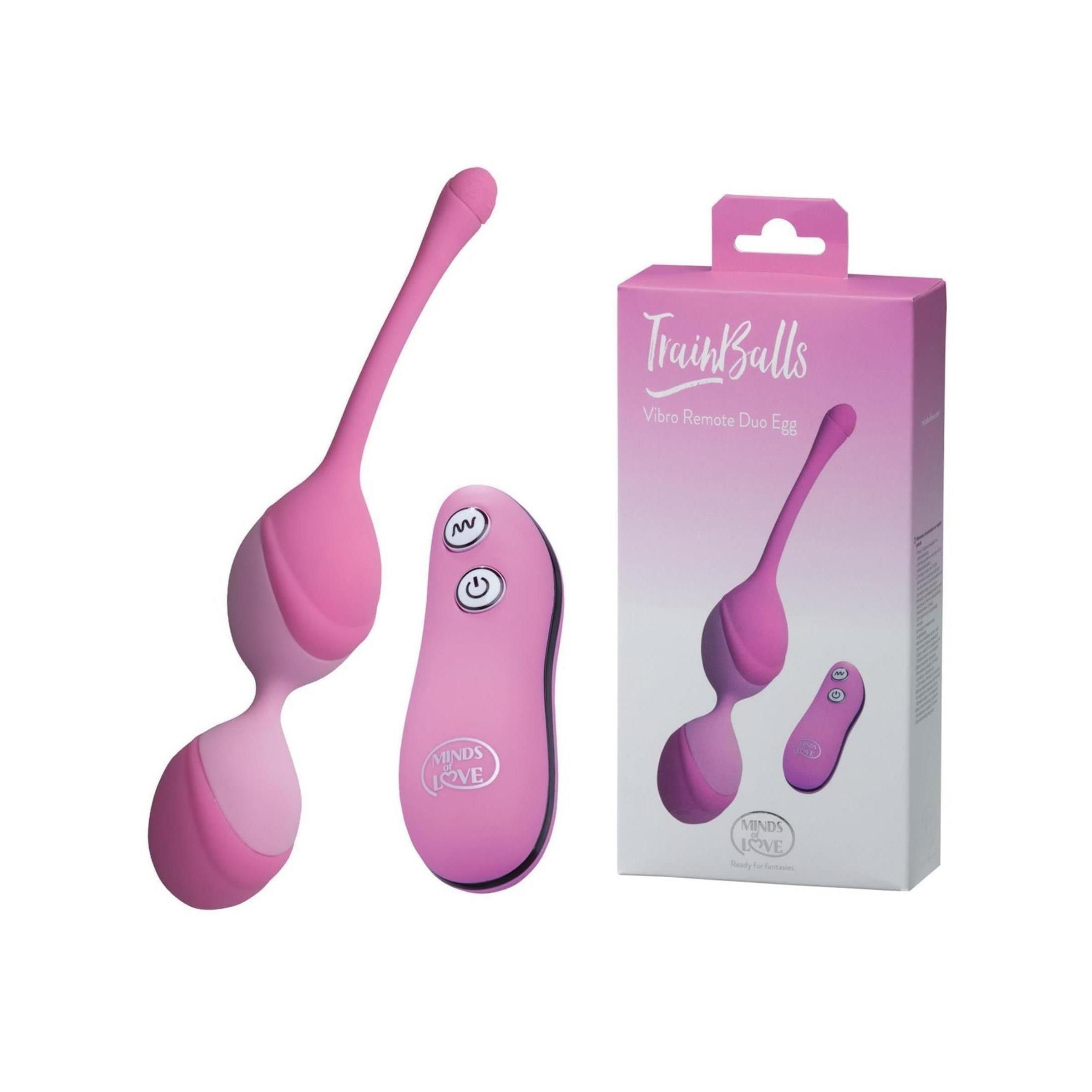Rosa Duo-Ei mit Fernbedienung. Verpackung mit Produktabbildung und Schriftzug TrainBalls.