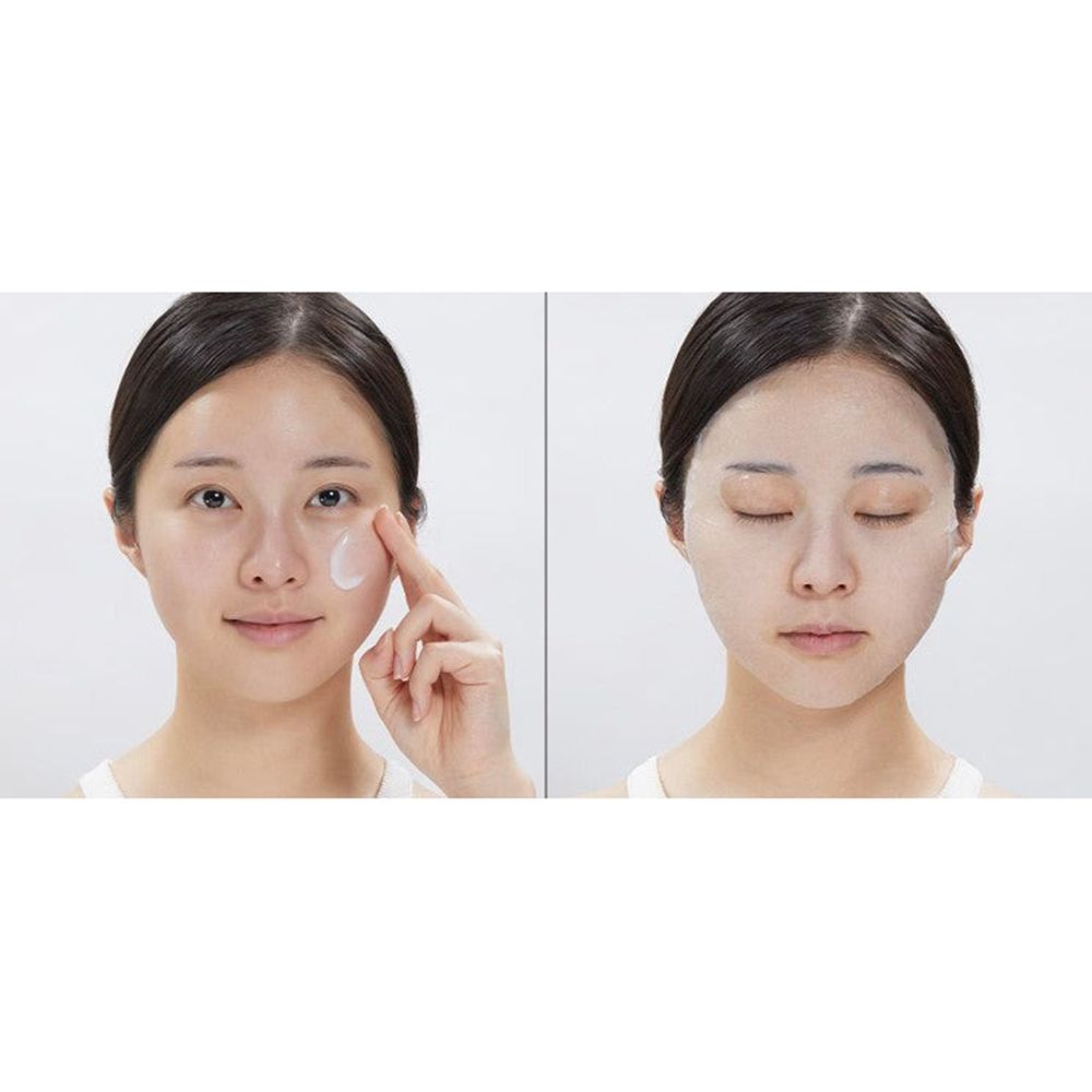 Frau trägt Produkt auf. Links: Serum auftragen. Rechts: Maske aufgetragen. Gesicht.
