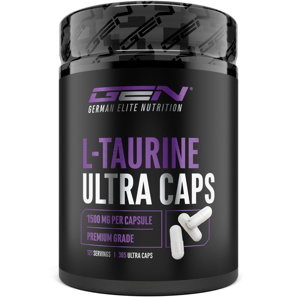 Schwarze Dose mit GEN L-Taurin Ultra Caps. Enthält 365 Kapseln. Aufschrift: 1500 mg pro Kapsel, Premium Grade.