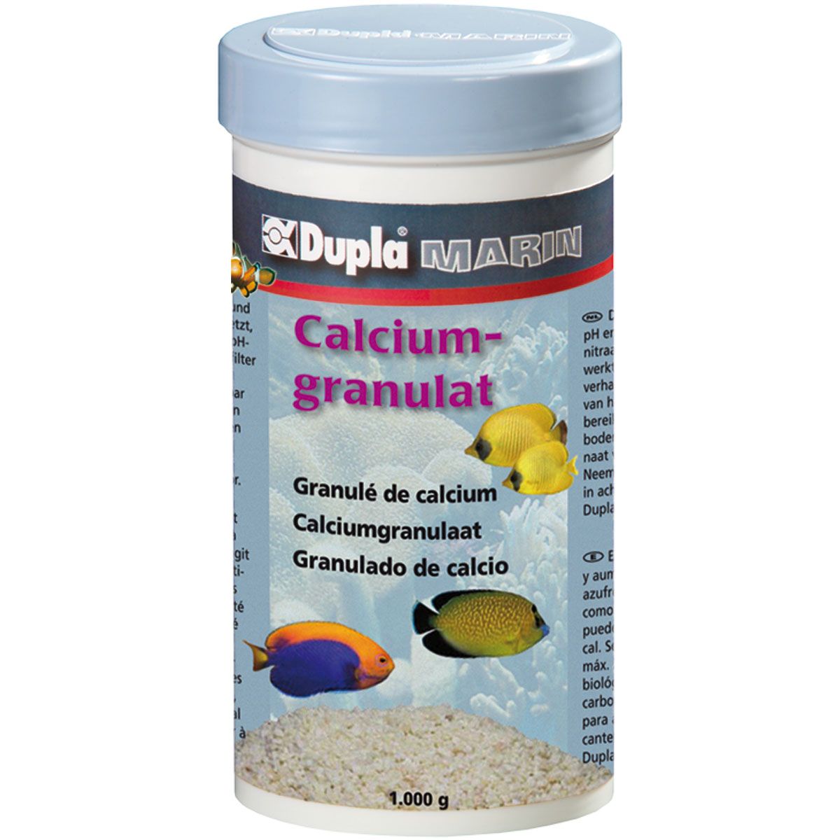 Zylindrische Dose mit "Dupla Marin Calciumgranulat". Aufschrift "Calciumgranulat" und Abbildung von Fischen. Inhalt: 1.000 g.