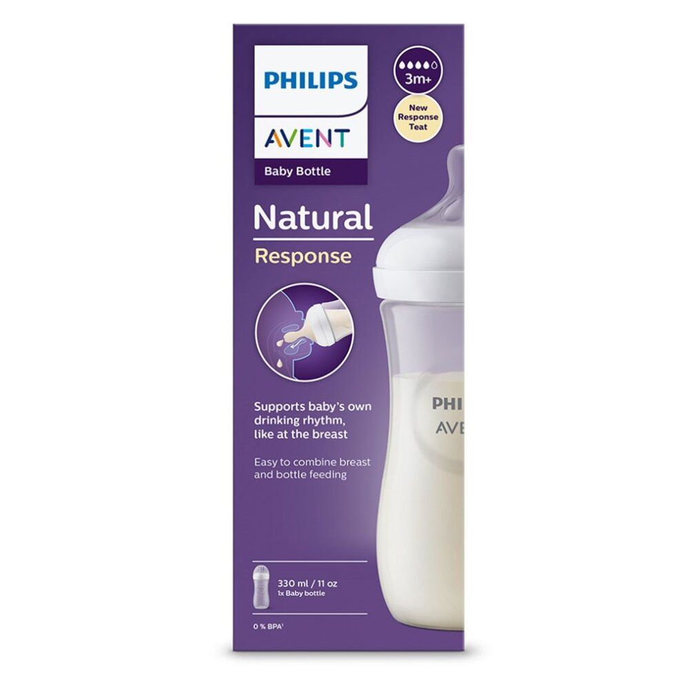 Babyflasche mit Milch und Verpackung. Flasche mit weißem Deckel und Sauger. Aufschrift: Philips Avent, Natural Response. Verpackung.