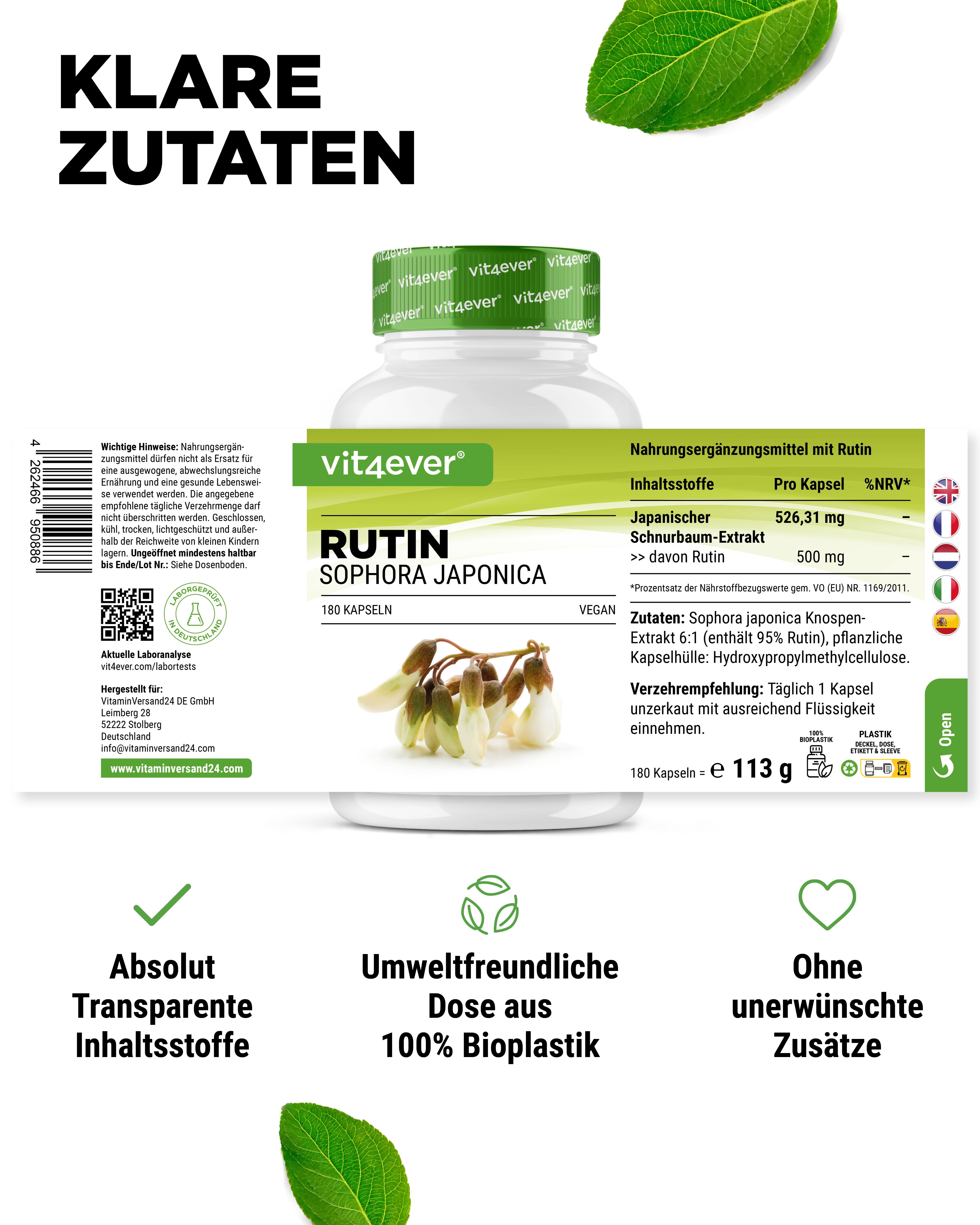 Flasche mit Rutin-Kapseln, vit4ever. Aufschrift: Klare Zutaten. Nährwertangaben. Symbole: transparente Inhaltsstoffe, 100% Biokunststoff, ohne Zusätze.