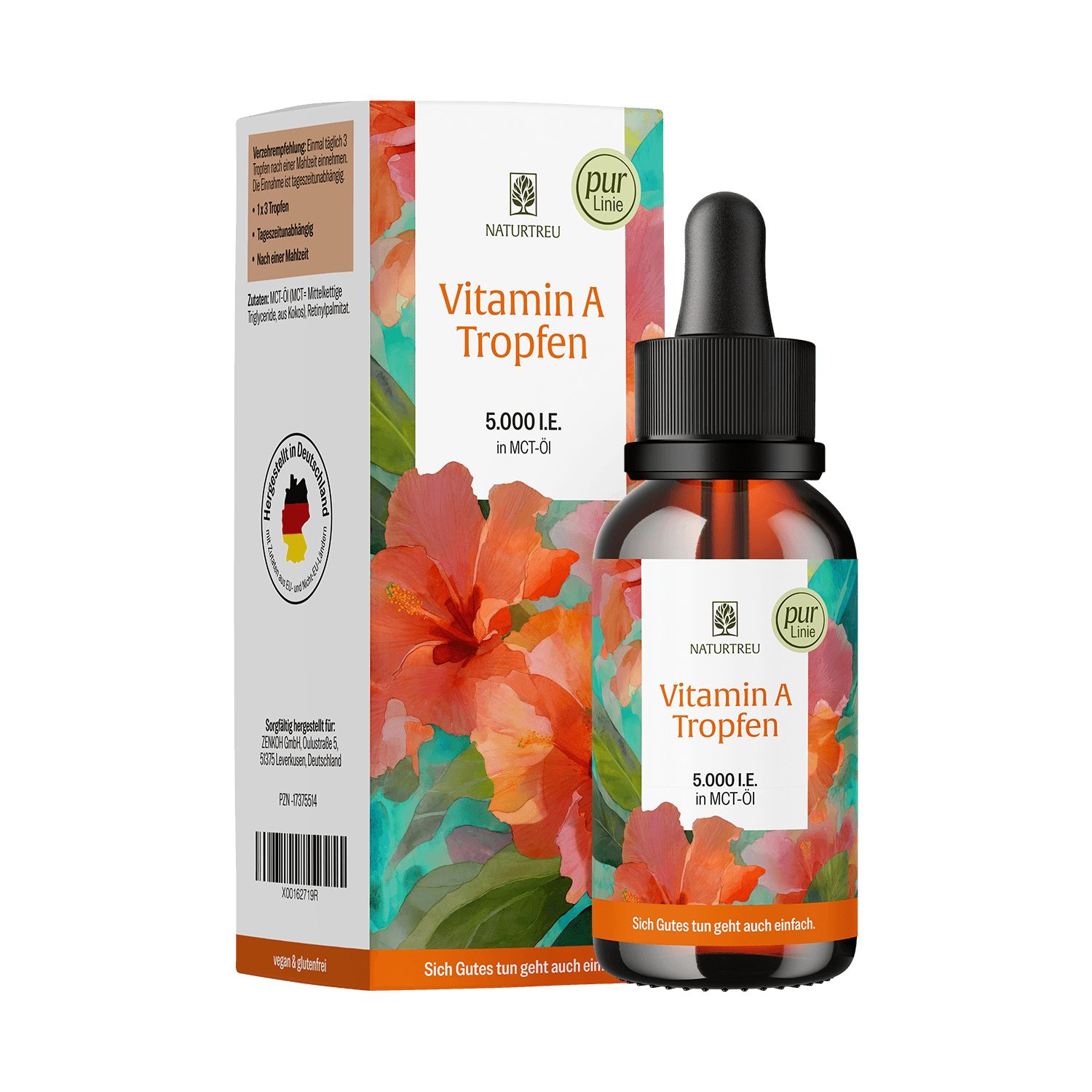 Flasche mit Pipette und Umverpackung für Vitamin A Tropfen.