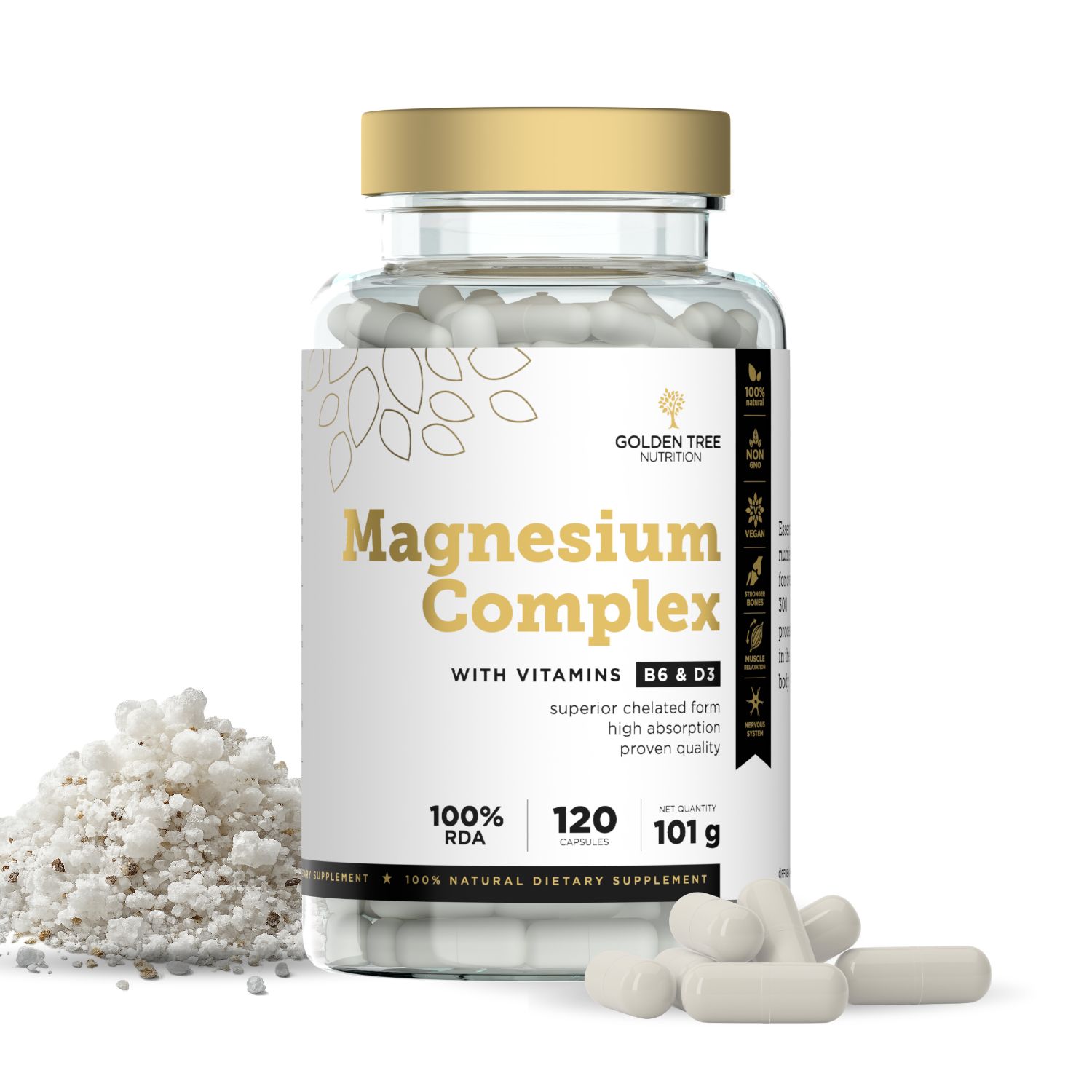 Flasche mit 120 Kapseln Golden Tree Magnesium Complex, 100g.