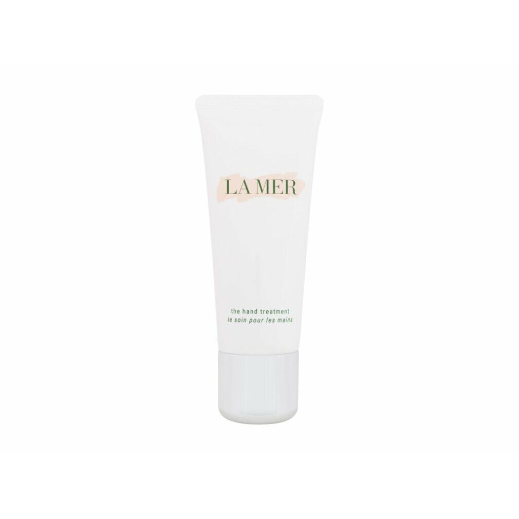 Weiße Tube mit weißem Verschluss. Aufschrift: LA MER, the hand treatment. Produkt für die Handpflege.