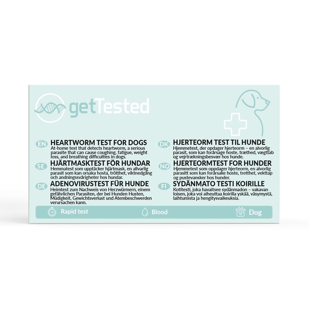 Testkit für Hunde. Enthält Text in mehreren Sprachen. Aufschrift: getTested, Rapid Test, Blood, Dog.