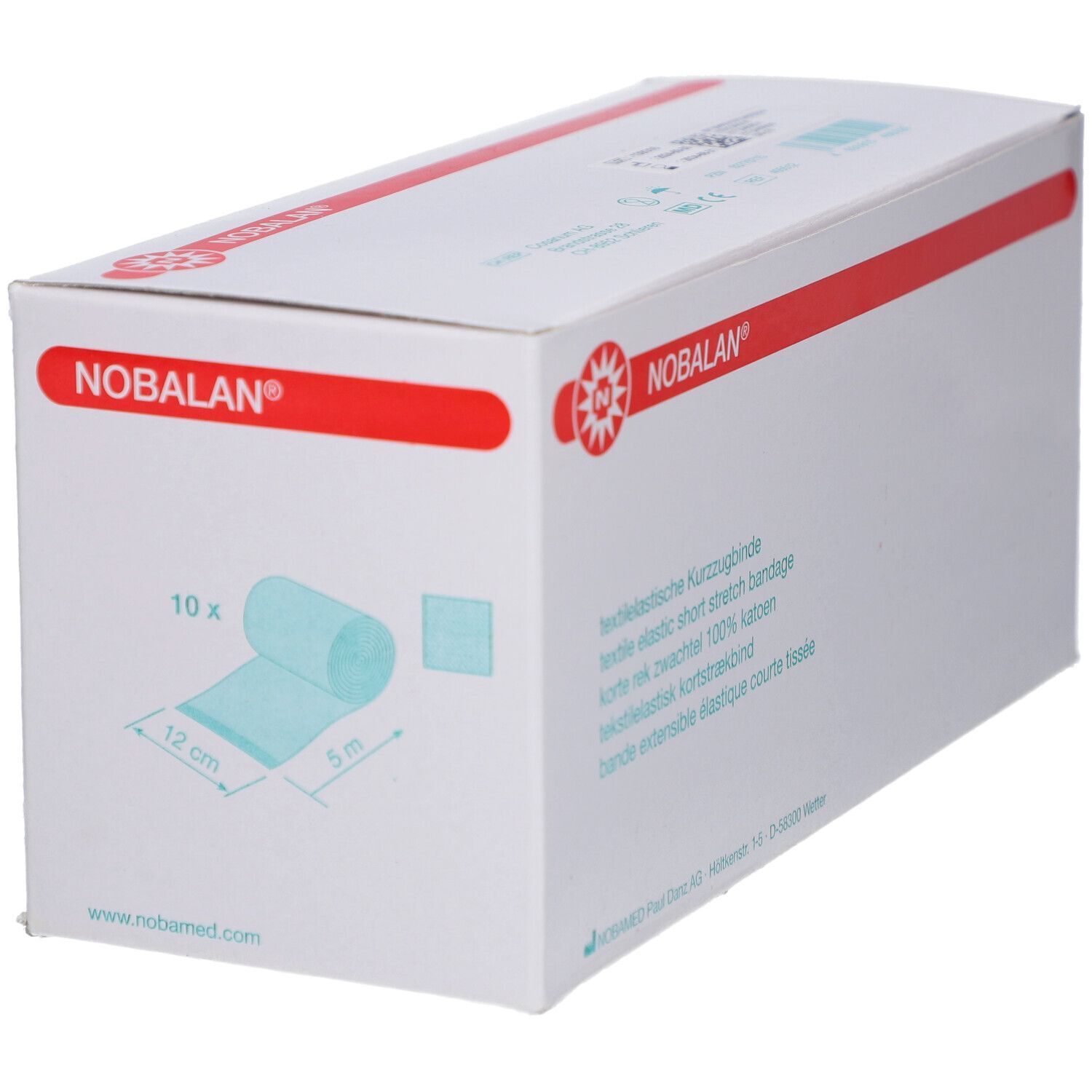Verpackung von NOBALAN® Kurzzugbinde. Box mit Produktabbildung und Text. 12 cm x 5 m, 10 Stück. Textilelastisch, 100 % Baumwolle.