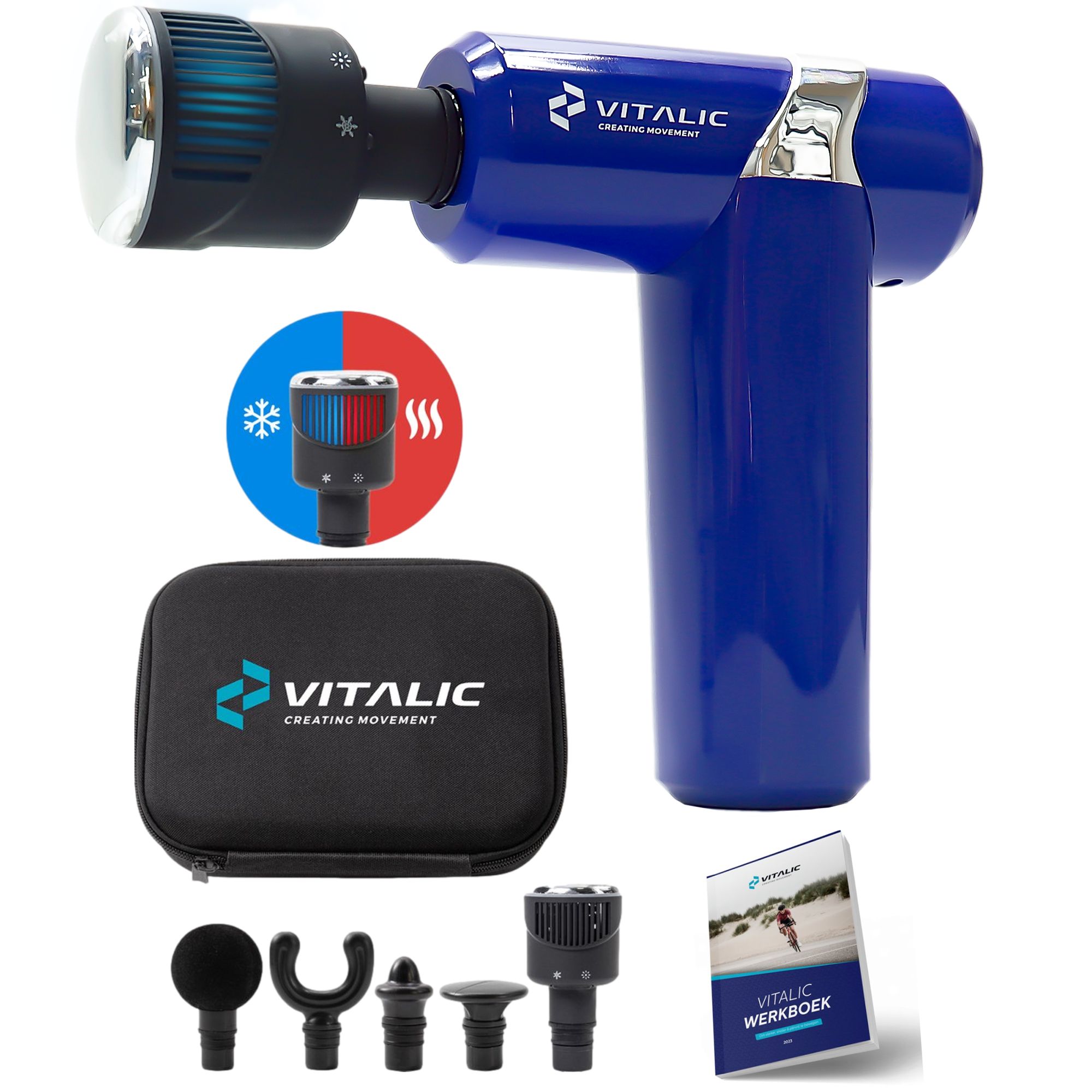 Blaues Massagegerät mit Zubehör, Tragetasche und Broschüre. VITALIC-Logo sichtbar.