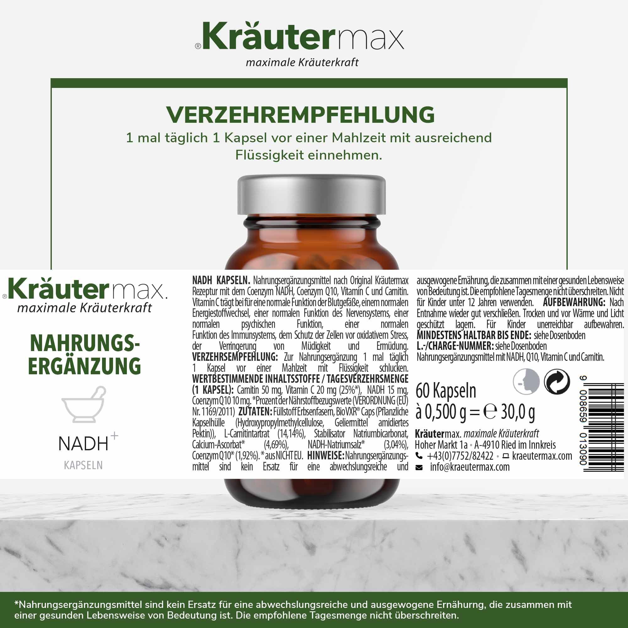 Braune Glasflasche mit weißem Etikett. Text: NADH Kapseln, Nahrungsergänzung. Aufdruck: Verzehrempfehlung. Rückseite mit Produktinformationen und Inhaltsstoffen.