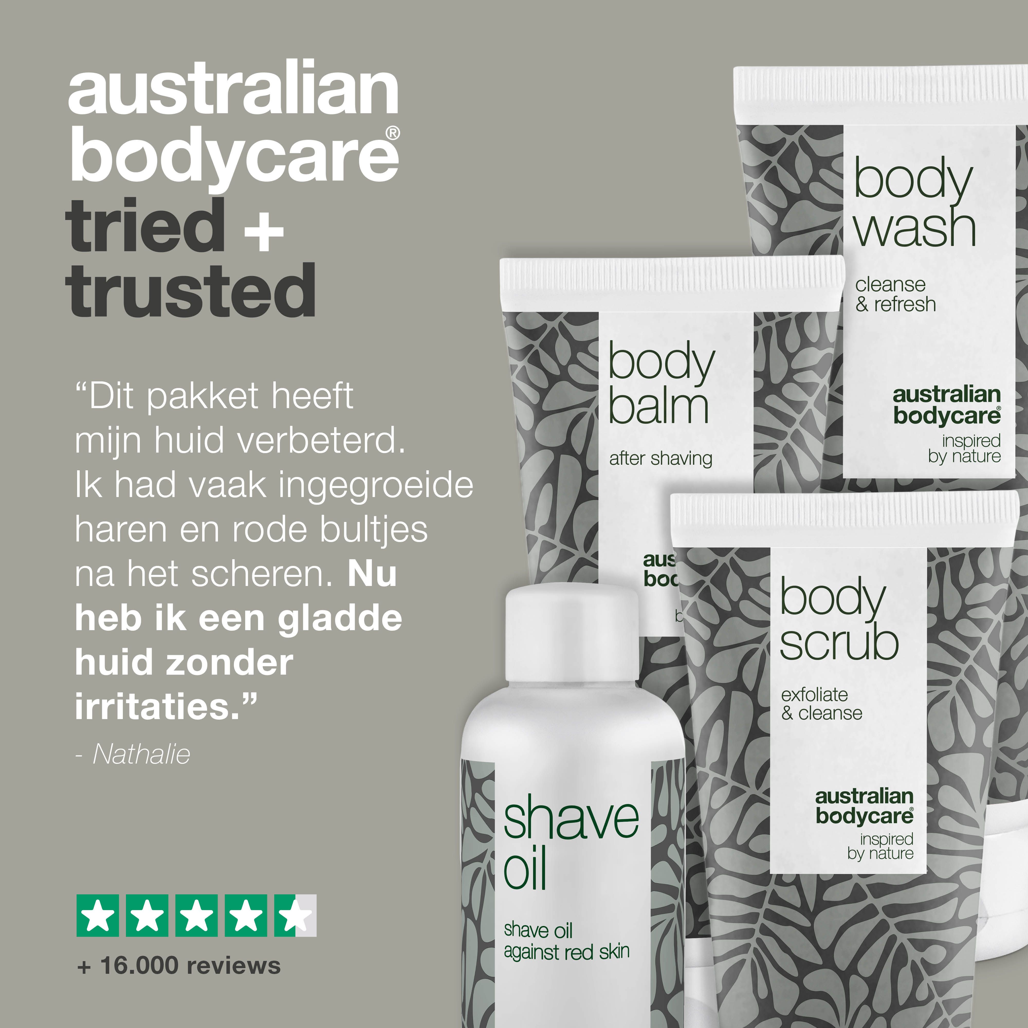 Productset: Body Wash, Body Scrub, Body Balm en Shave Oil. Tekst: Ervaringsbericht met 5 sterren en meer dan 16.000 beoordelingen.