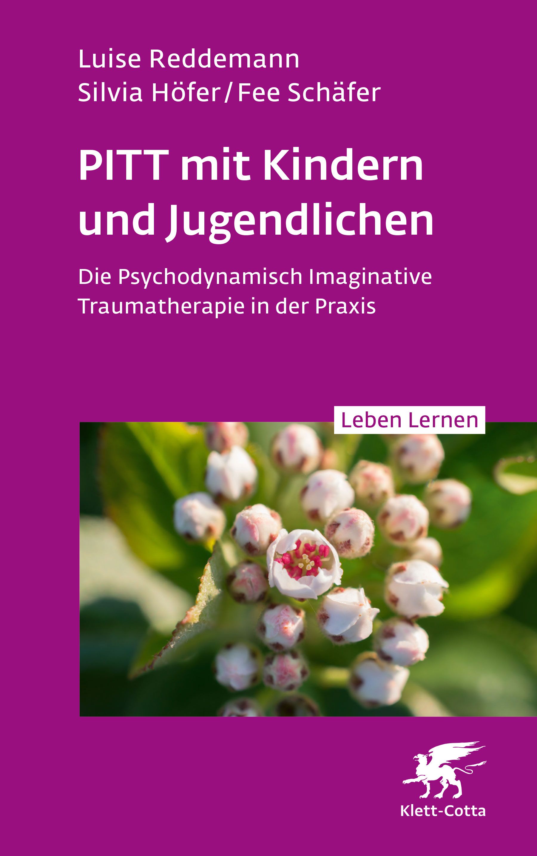 Buchcover: PITT mit Kindern und Jugendlichen. Autorinnen: Reddemann, Höfer, Schäfer. Lila Hintergrund, Blüten.