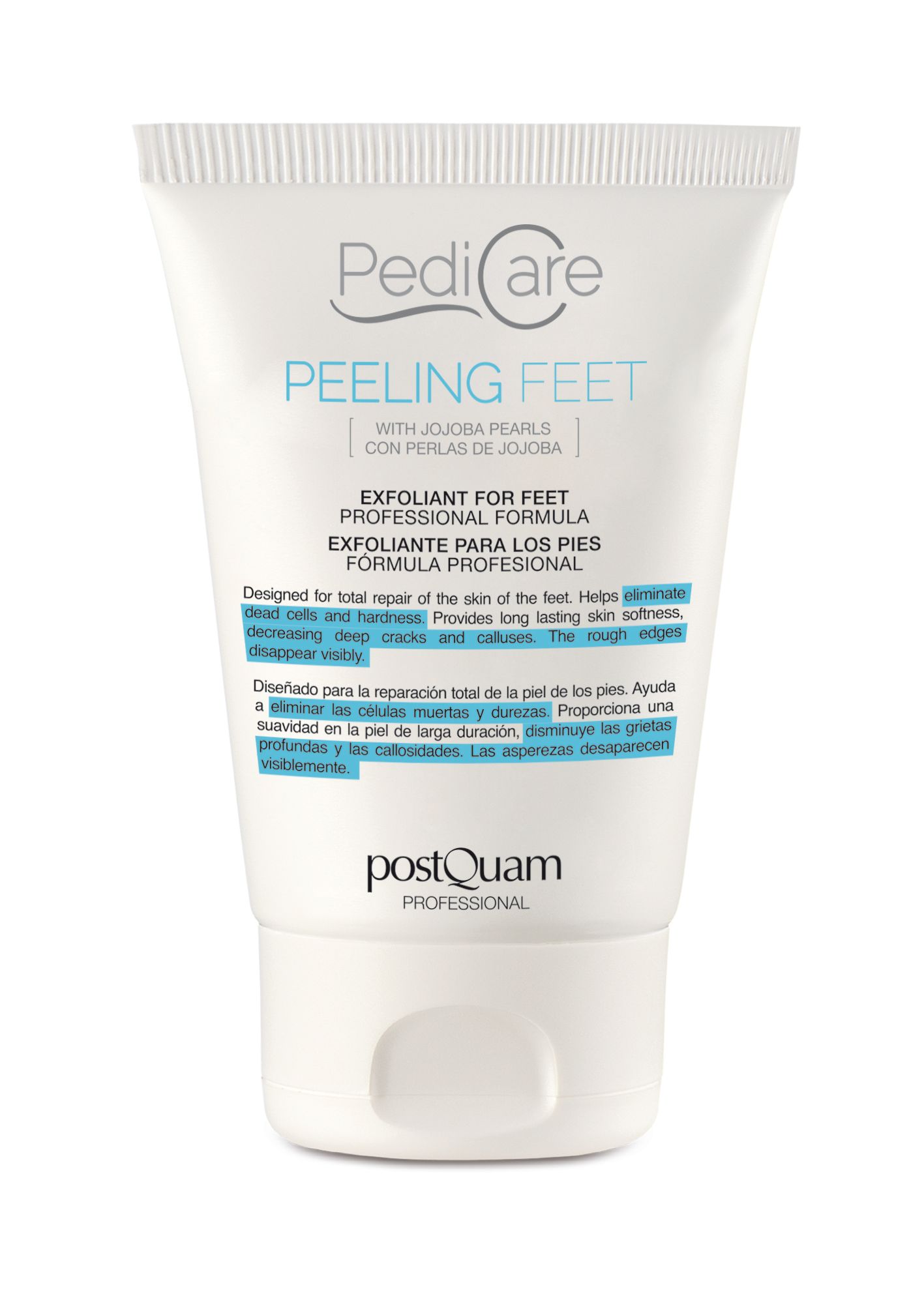 Weiße Tube mit blauem Text. Aufschrift: PediCare Peeling Feet. Text in Englisch und Spanisch. Marke: PostQuam Professional.