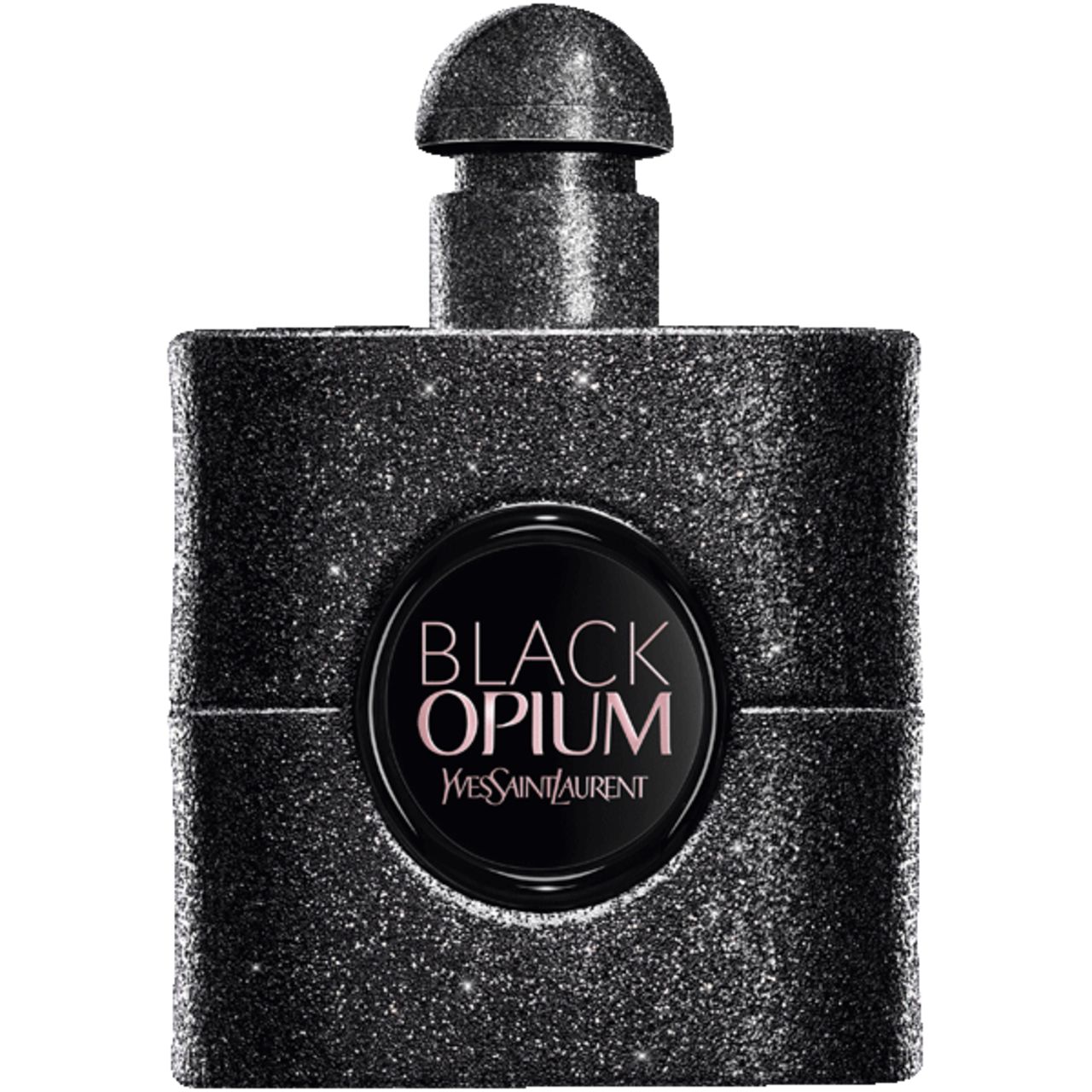 Schwarzer Flakon mit Glitzer-Effekt. Aufschrift: Black Opium, Yves Saint Laurent. Schwarzer Verschluss.