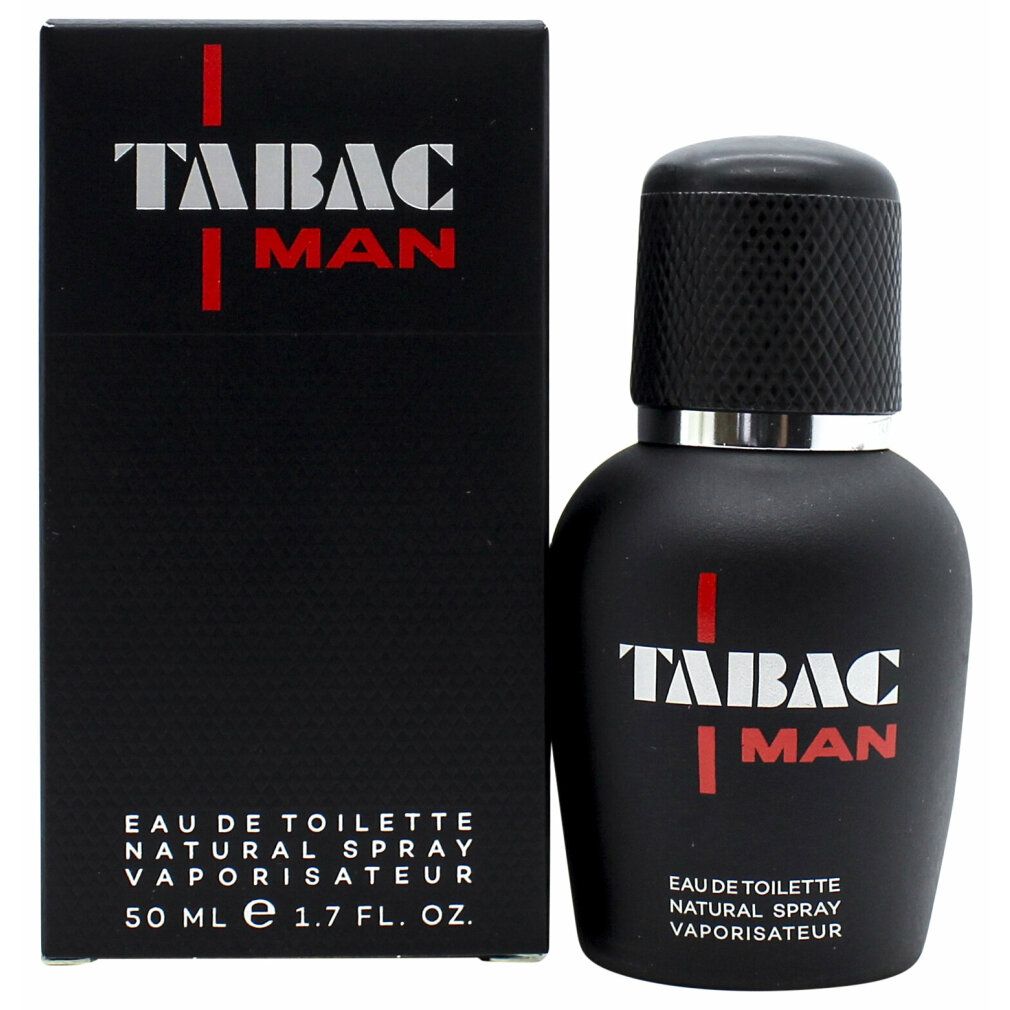 Schwarze Flasche und Schachtel. Aufschrift: TABAC MAN. Eau de Toilette Natural Spray. 50 ml.