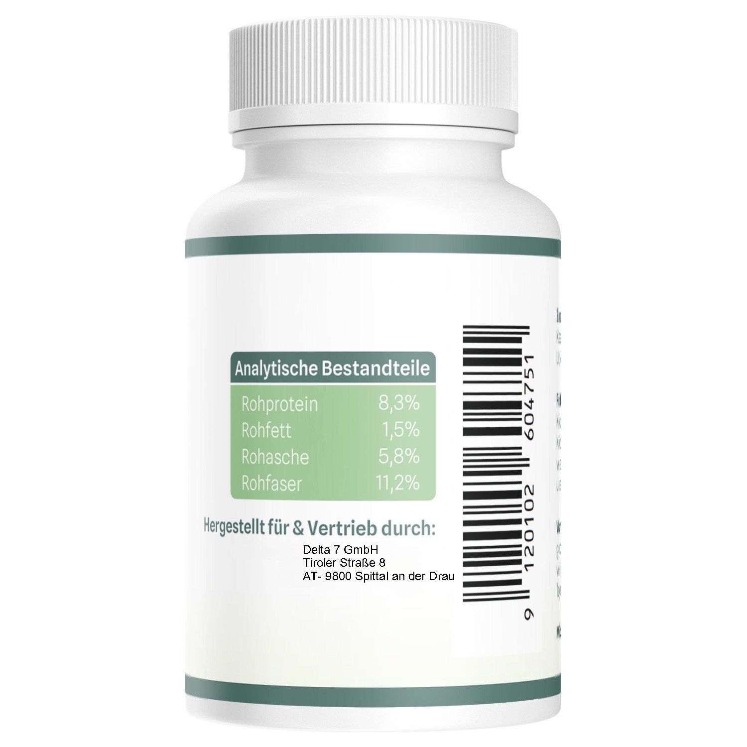 Rückseite einer weißen Flasche. Grünes Etikett mit analytischen Bestandteilen und Herstellerinformationen. Text in deutscher Sprache.