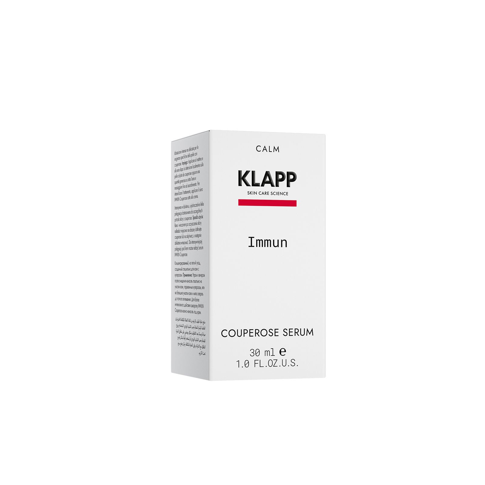Weiße Verpackung mit Aufschrift: KLAPP, Immun, Couperose Serum. Roter Balken. 30 ml, 1.0 FL. OZ. U.S. Text auf der Seite.