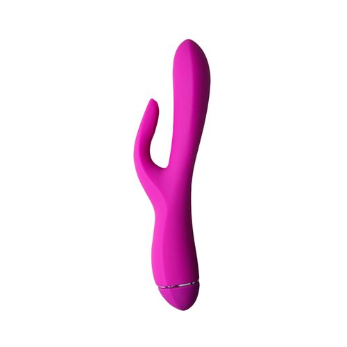 Pinkfarbener Vibrator. Form: gebogen mit einem gebogenen Arm. Unterteil mit silberfarbenem Ring.