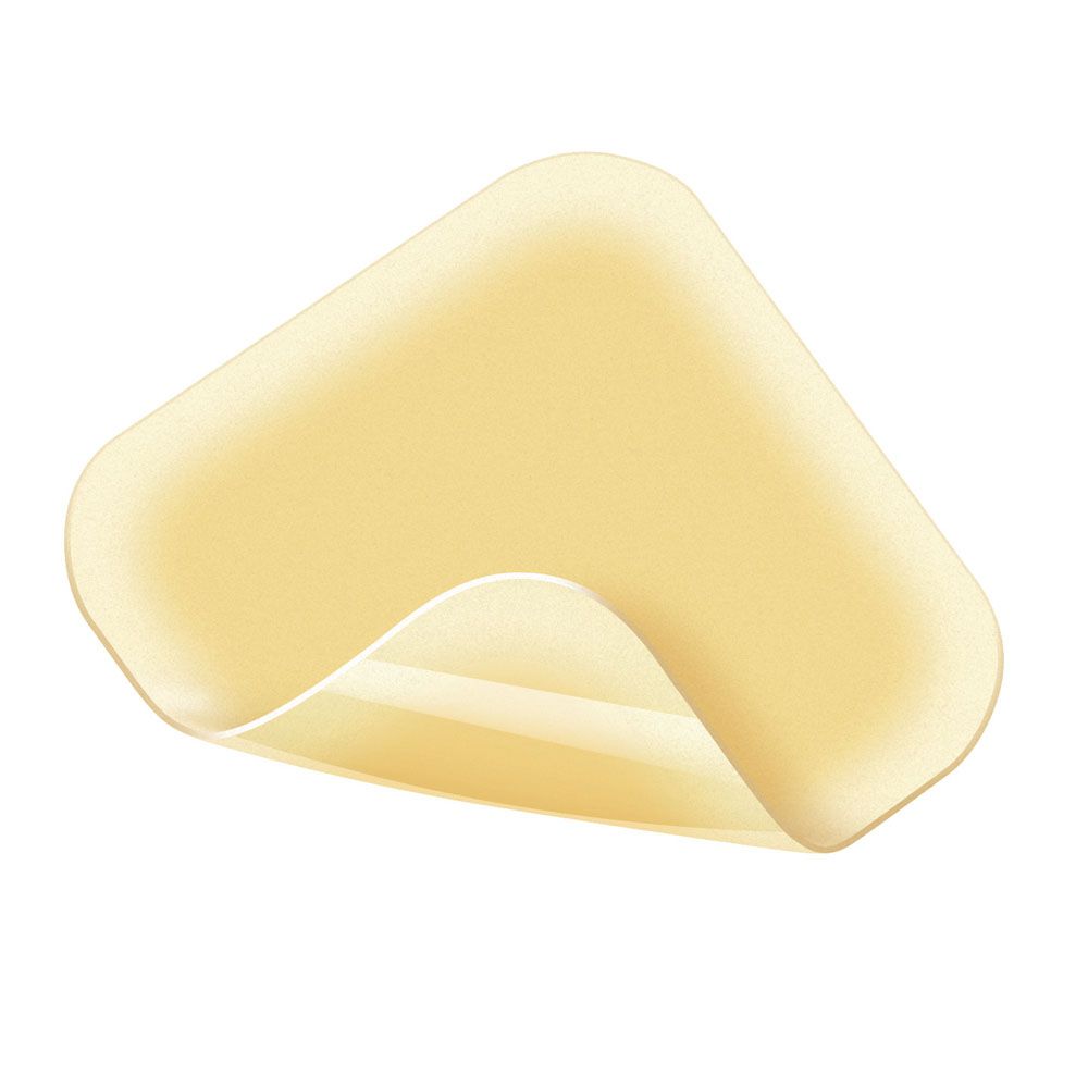 Hydrocoll Classic Wundverband, quadratische Form mit abgerundeten Ecken. Beige Farbe, teilweise abgezogen.