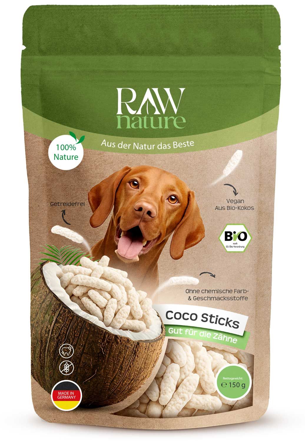Beutel mit Kokos-Sticks für Hunde. Aufdruck: RAW Nature, 100% Nature, Bio-Kokos. Abbildung: Hund, Kokosnuss, Sticks.