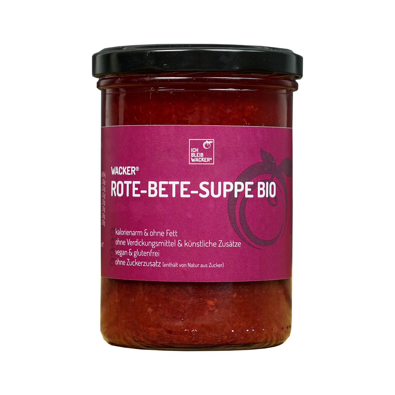 Glas mit Wacker Rote-Bete-Suppe Bio. Rotes Produkt mit Etikett. Vegan, glutenfrei, ohne Zuckerzusatz.