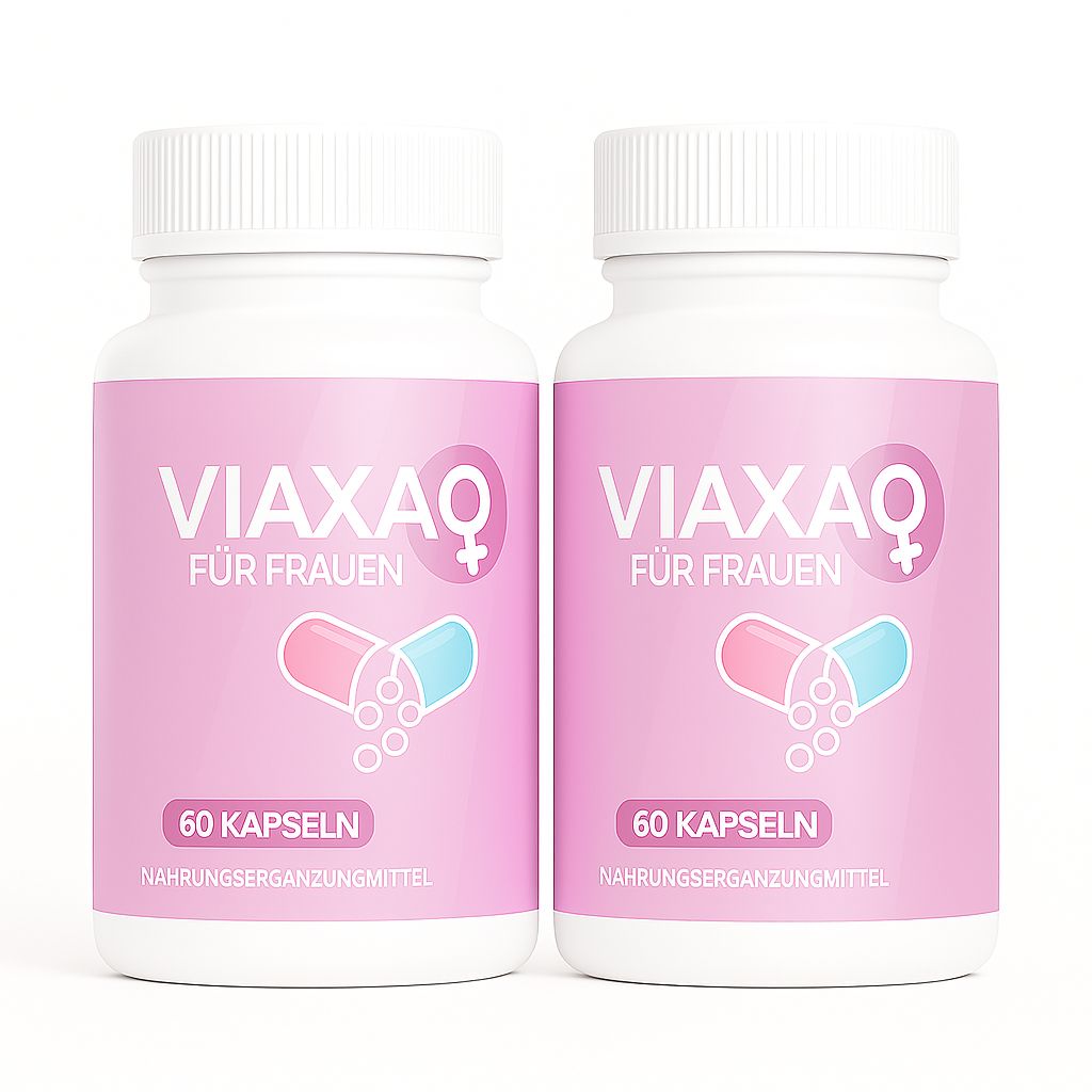 Zwei weiße Flaschen mit rosa Etiketten. Aufschrift: Viaxa für Frauen, 60 Kapseln. Abbildung einer Kapsel.