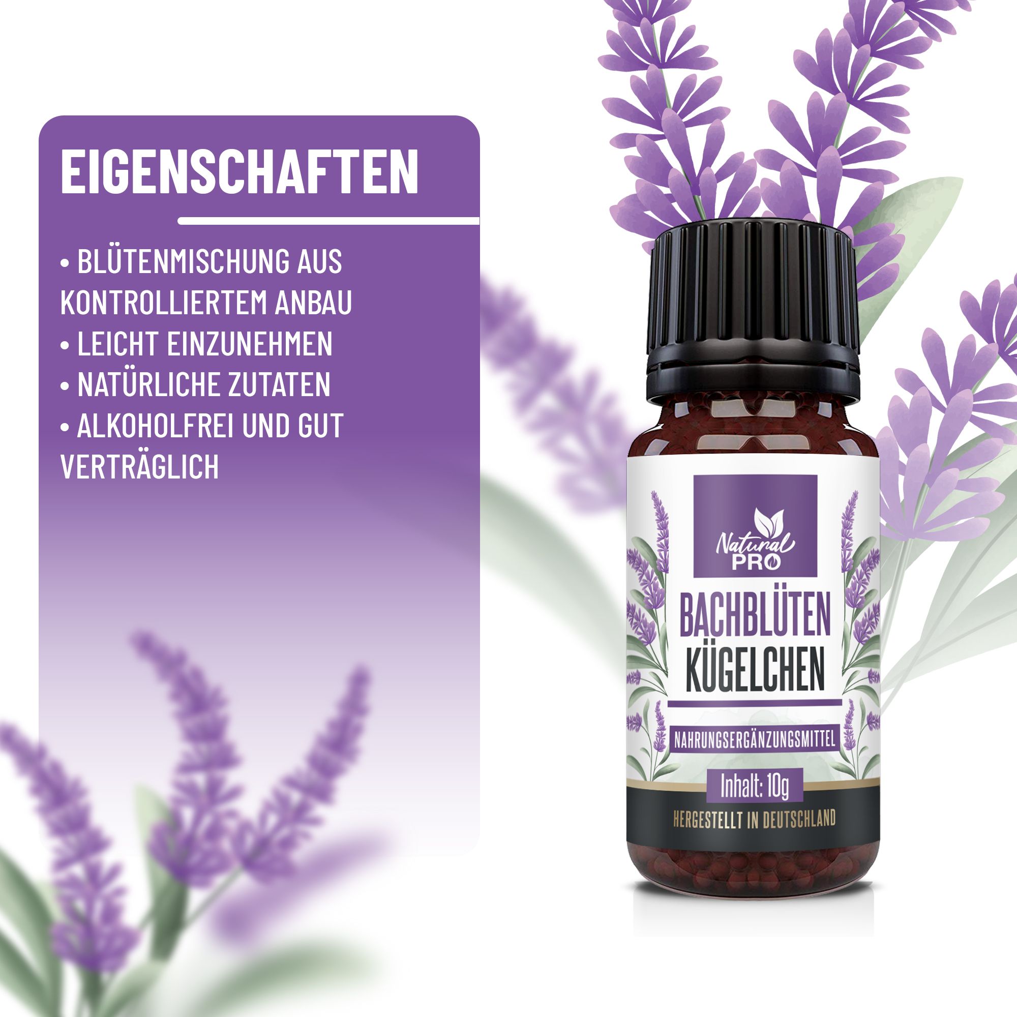 Braune Glasflasche mit schwarzem Deckel. Etikett mit Produktnamen und floralem Design. Eigenschaften-Text daneben.