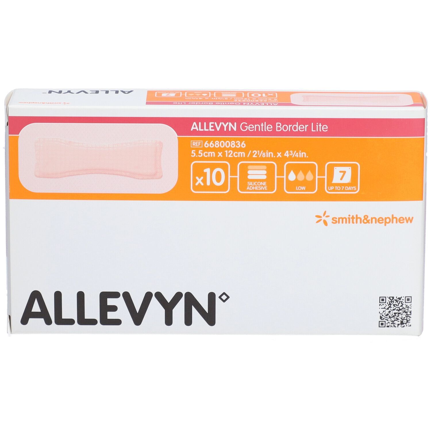 ALLEVYN Gentle Border Lite-Verpackung. Zeigt 10 Verbände, Größe 5,5 x 12 cm. Produktname, Marke und Größenangaben deutlich sichtbar.