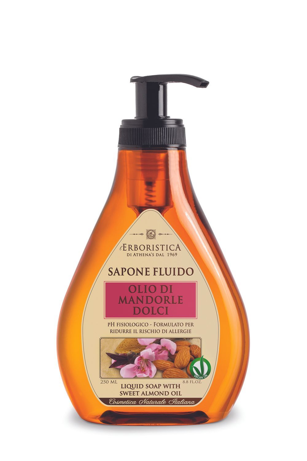 Flüssigseife mit Mandelöl in einer bernsteinfarbenen Flasche mit schwarzem Spender. Etikett mit Produktinformationen.