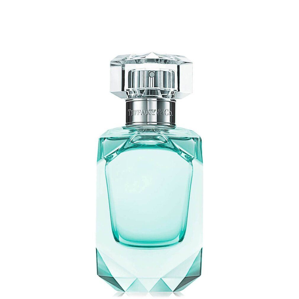 Glasflakon mit hellblauem Duft. Transparenter Deckel. Silberfarbener Hals mit Tiffany & Co. Schriftzug. Geometrische Form.