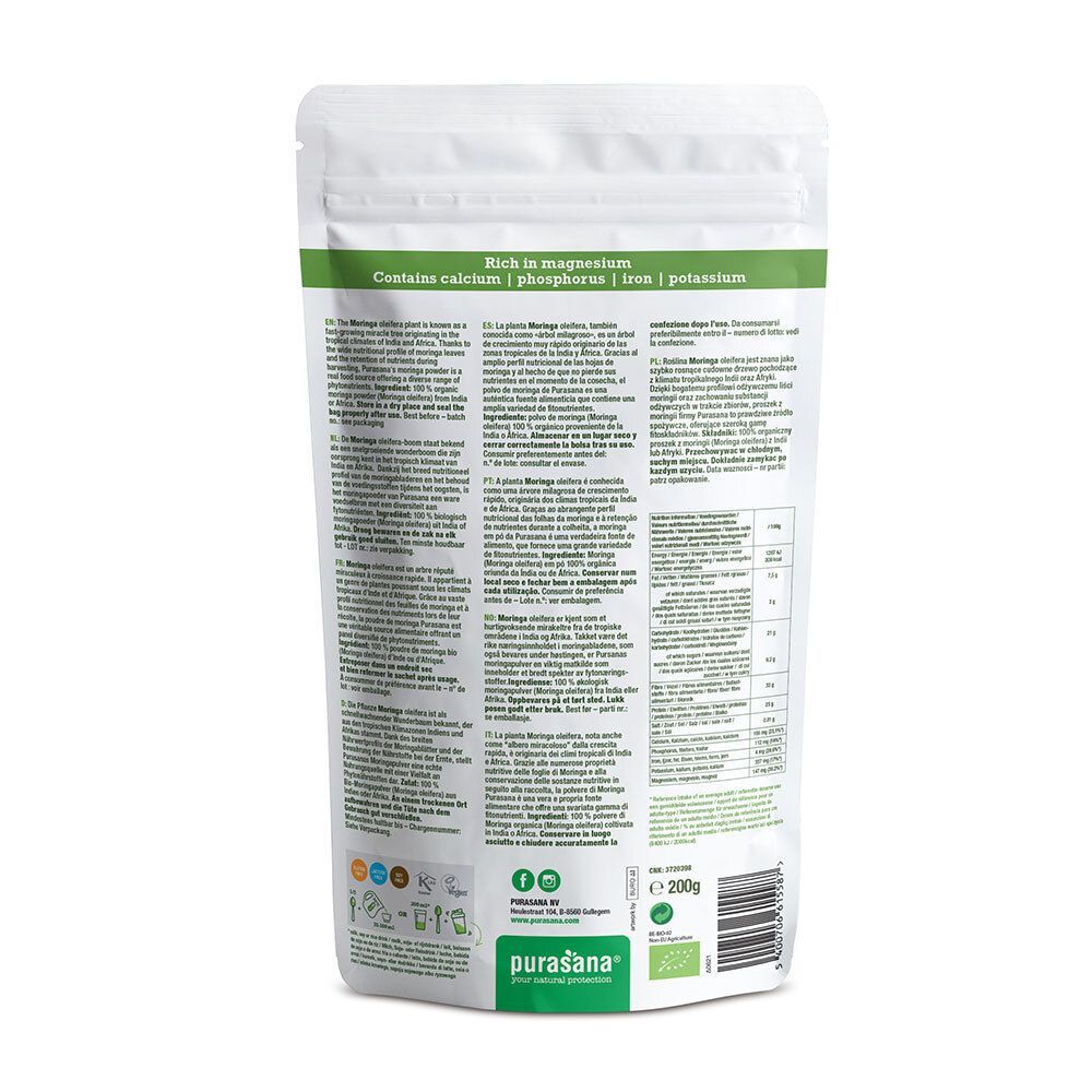 Dos du sachet de poudre de moringa purasana®. Texte multilingue, informations nutritionnelles et label bio. Contient 200g.